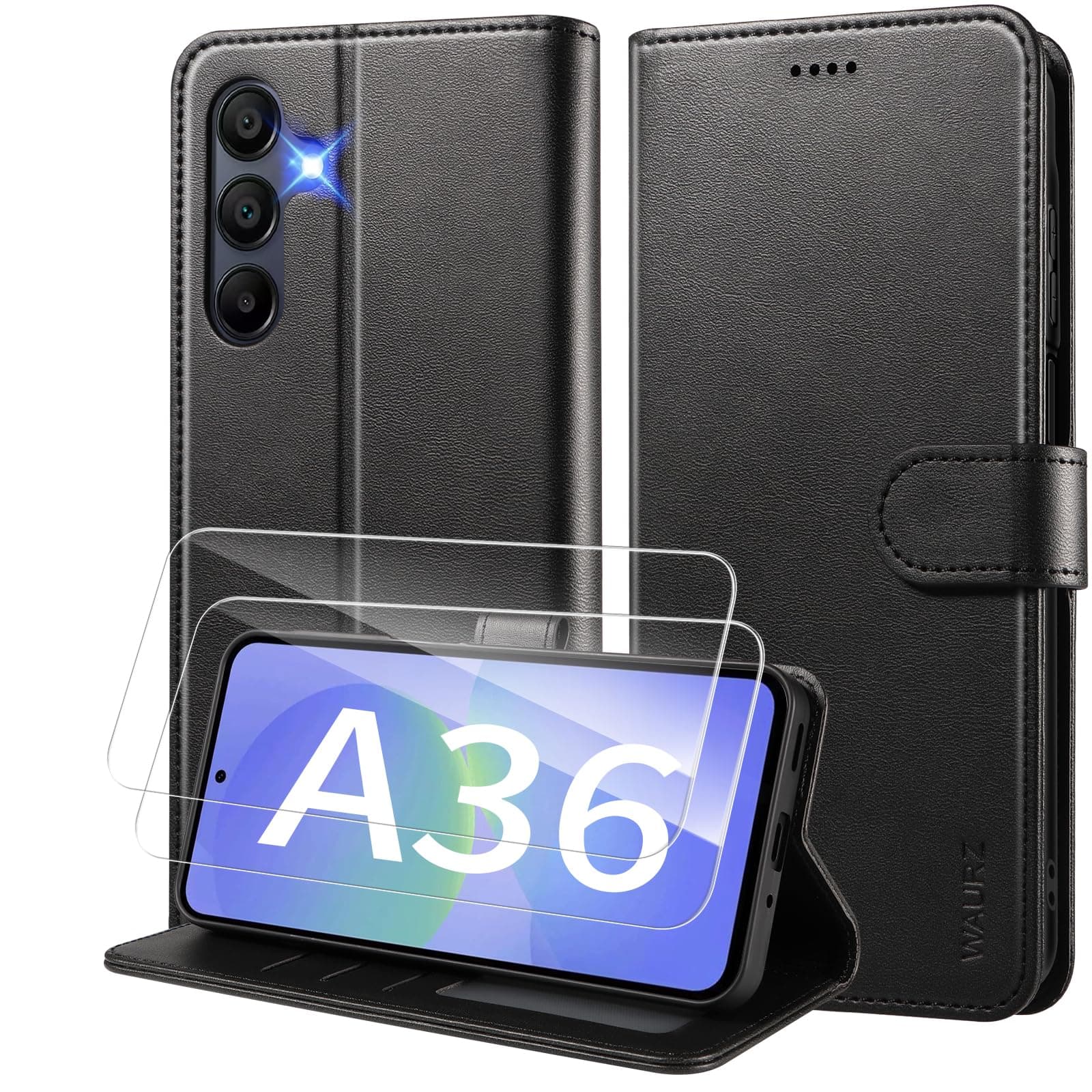 WAURZ Cover per Samsung Galaxy A36 5G Custodia Cover Pelle Libro con 2 Pellicola Vetro Temperato Protezione Schermo Portafoglio Porta Carte Antiurto Cuoio Flip Case Custodia Cover,Nero