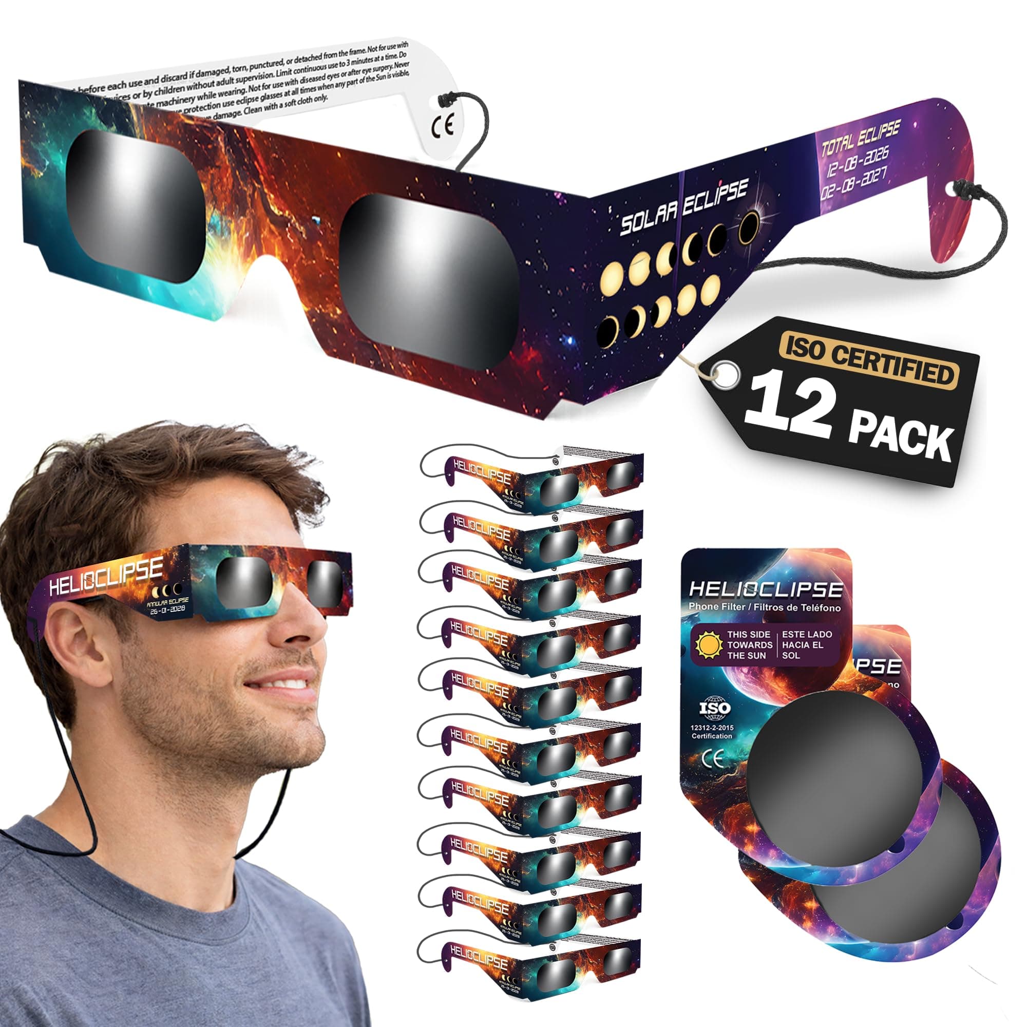 Helioclipse - Lot de 12 Lunettes Éclipse Solaire ISO 12312-2 - Lunette Éclipse Solaire Certifiée pour Éclipse de Soleil Totale ou Partielle - Bonus 2x Filtre pour Téléphone