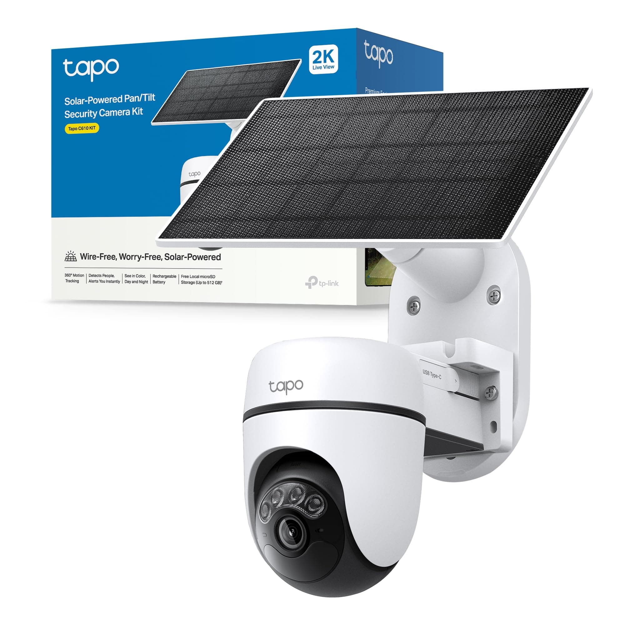 Tapo C610 KIT 2K 3MP Telecamera Wifi Esterno Senza Fili con Pannello Solare, 360° PTZ Videocamera Sorveglianza a Batteria 6700mAh, Rilevamento Umano, Visione Notturna a Colori, Tracciamento AI, IP65