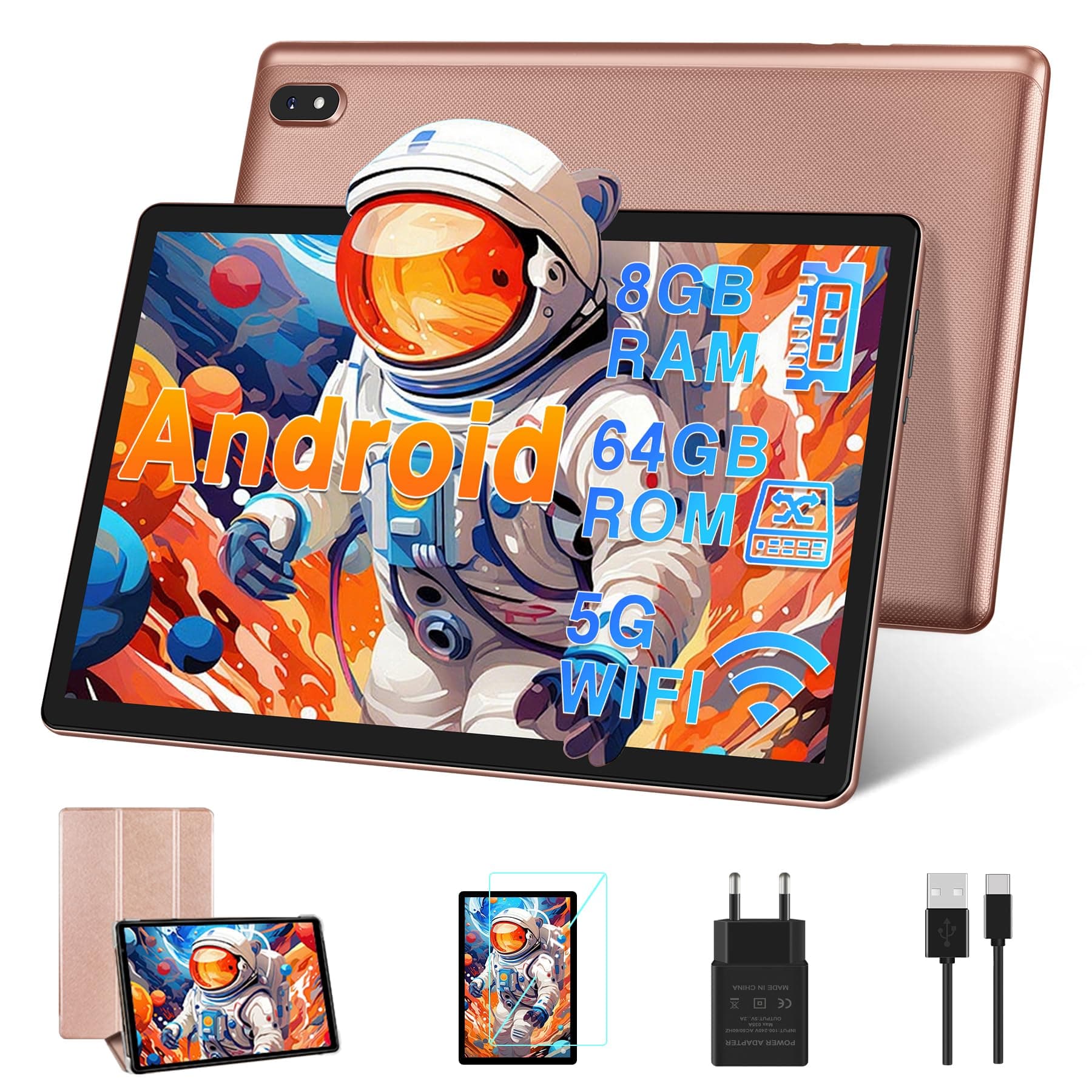 Tablette 10 Pouces 4Go RAM(Extensible jusqu'à 8 Go) 64Go ROM 1TB Extensible, Tablette Android avec 5G WiFi, Bluetooth 5.0, 8 cœurs 2.0 GHz, 6000mAh, 1280 * 800, Type-C, Tablette Tactile, Or Rose