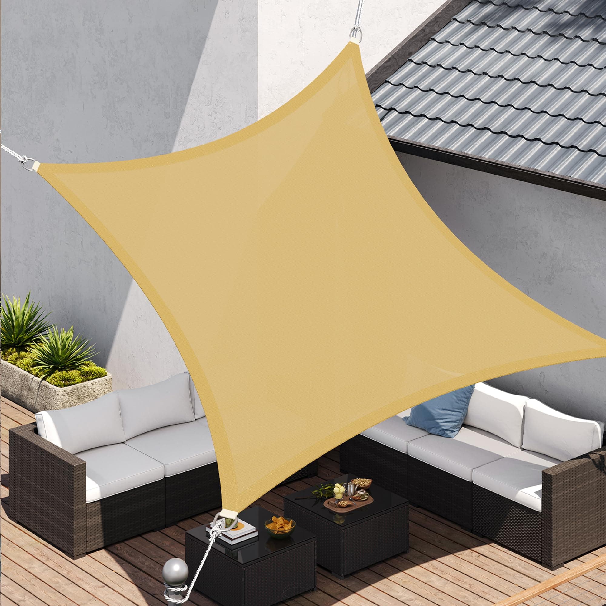 SONGMICS 3 x 5 m Sonnensegel aus HDPE, Sonnenschutz, UV-Schutz, luftdurchlässig, für Garten, Balkon, Terrasse, atmungsaktiv, wasserdurchlässig, Sandgelb GSS35EYV1