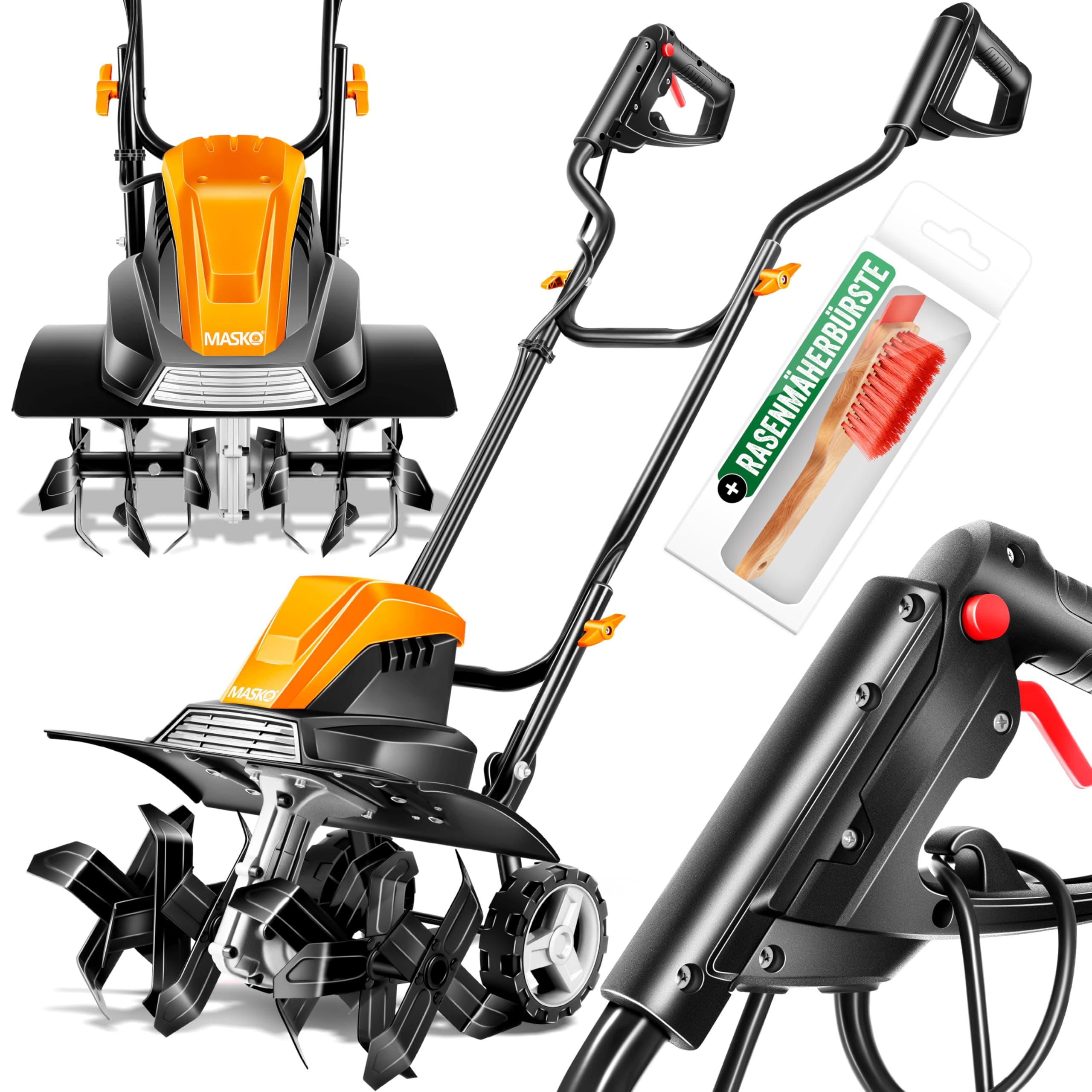 MASKO® Motobineuse électrique 1500 Watts | 40cm de Largeur de Travail, 20cm de Profondeur de Travail | Bineuse | Motoculteur à Fraise | Cultivateur | Fraiseuse de Jardin | Bineuse électrique/Orange