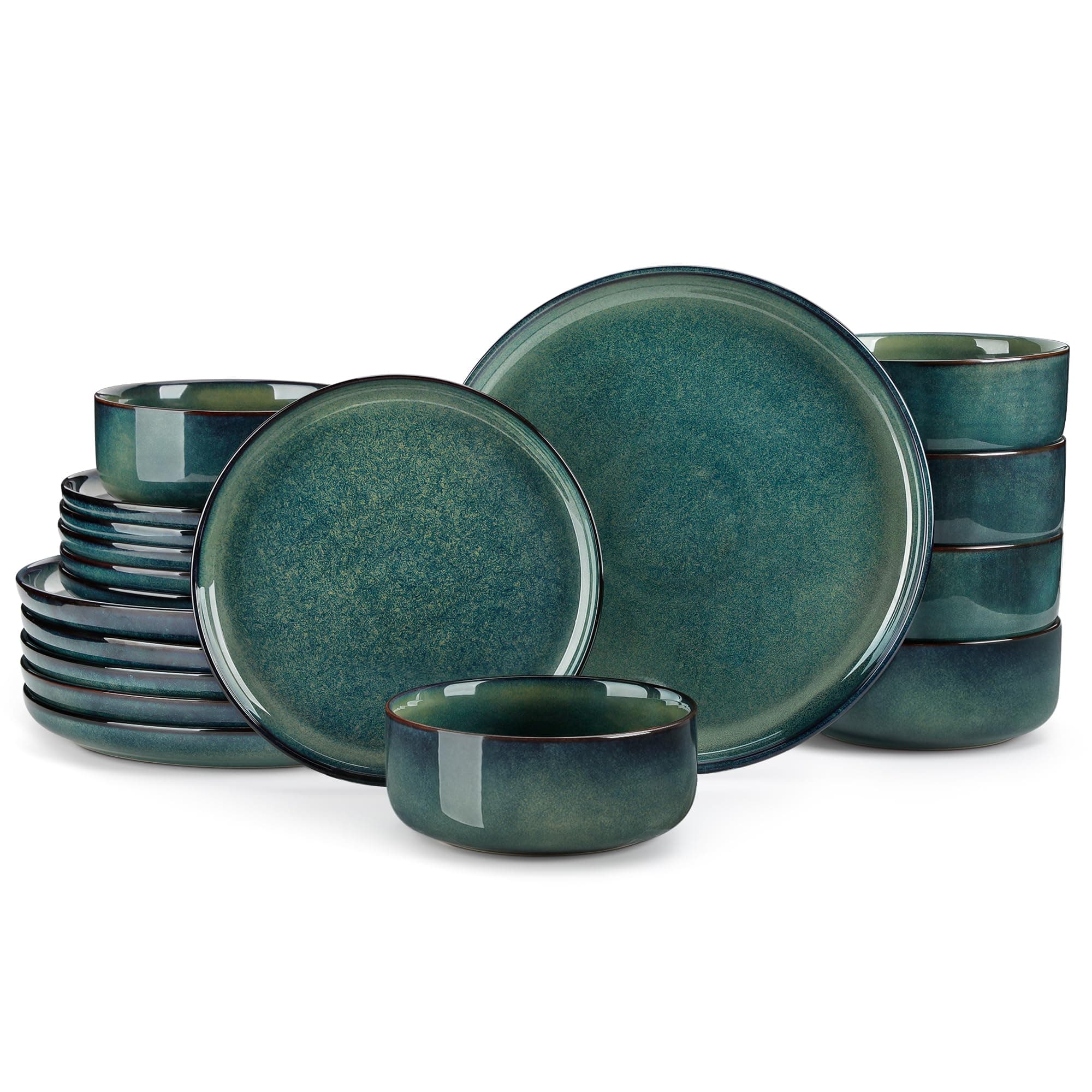 vancasso Série STARRY Service de Table 18 Pièces en Porcelaine, Service Vaisselle 6 Personnes, avec 6 Assiettes Plates, 6 Assiettes à Dessert, 6 Bols à Céréales, Vert à Émail Réactif