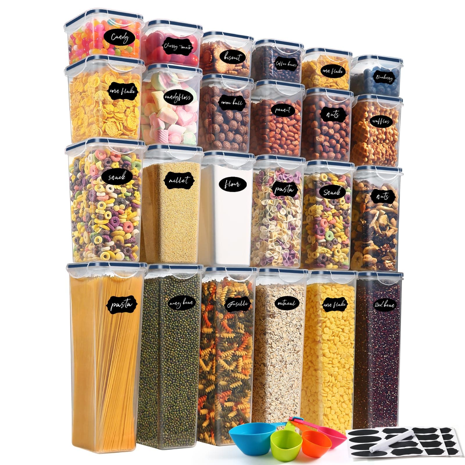 YASHE 24 Piezas Recipientes Herméticos para Alimentos, Botes Cocina, Plástico Sin BPA, con Tapas, para Almacenar Cereales, Pasta, Harina y Azúcar