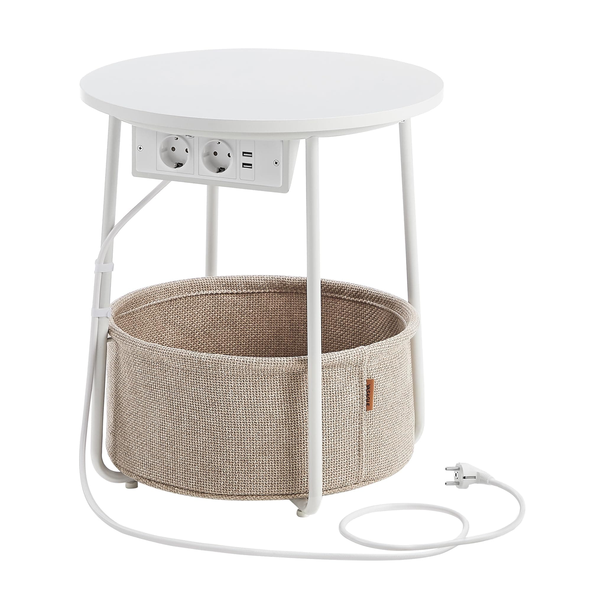 VASAGLE Beistelltisch rund, Kleiner Tisch, Couchtisch mit Steckdose, Wohnzimmertisch, Korb aus Stoff, Stauraum für Wohnzimmer Schlafzimmer, Nachttisch modern, mattweiß-Kamelbraun LET228W02