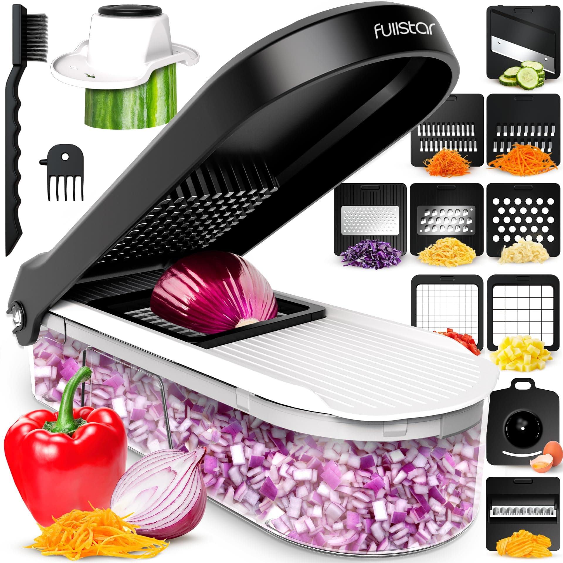 Fullstar Coupe Legumes Multifonctions et Mandoline - Trancheur ou Découpe Cube Oignons Carottes Concombres Frites Fruits - Rapeuse Legume et Fromage - Cuisine Accessoires (Compact 10-en-1 Blanc)