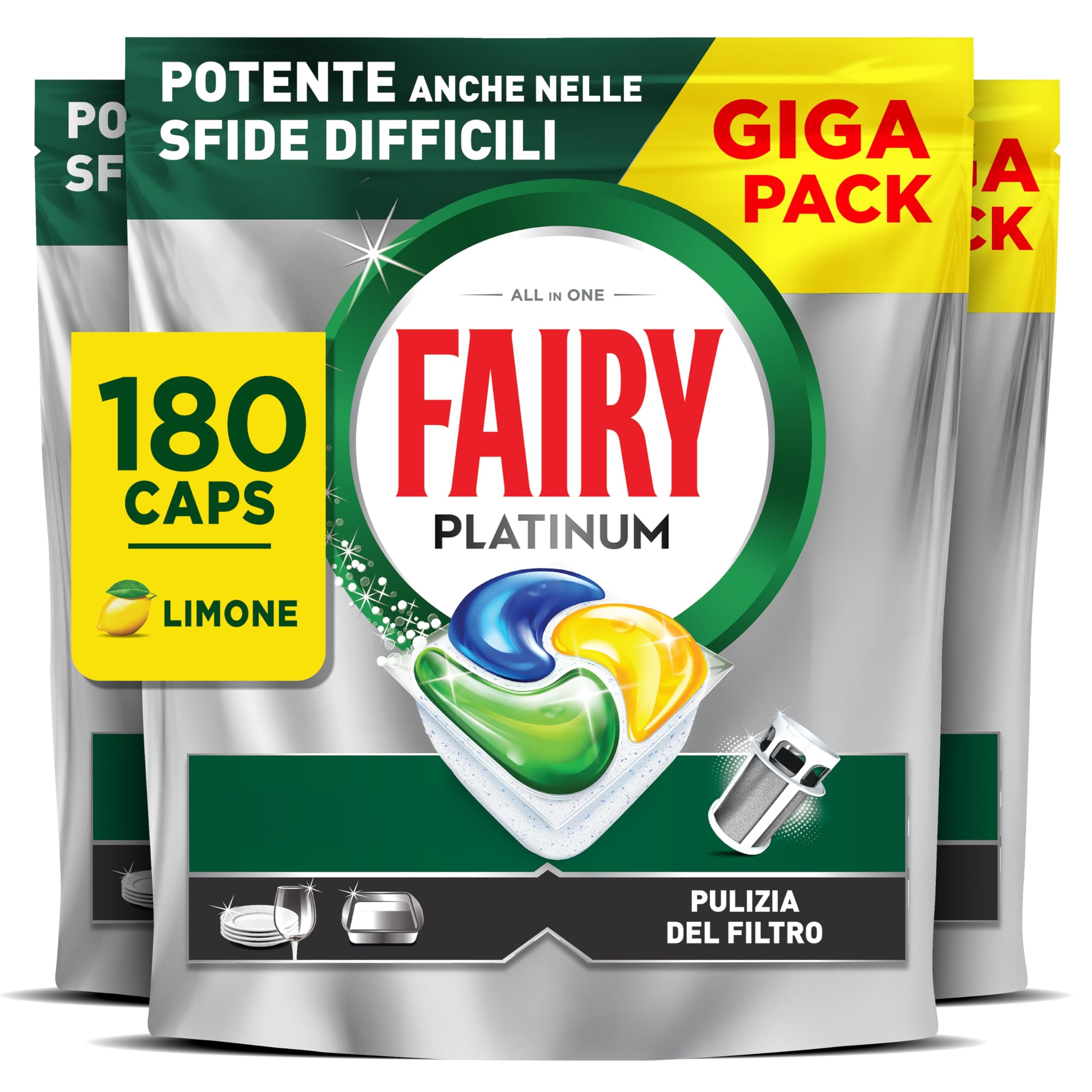 Fairy Platinum Detersivo Pastiglie Lavastoviglie Brillantante, 180 Capsule Lavastoviglie, Limone, con Sistema Di Prelavaggio Integrato, Efficace nelle Sfide Difficili Contro lo Sporco