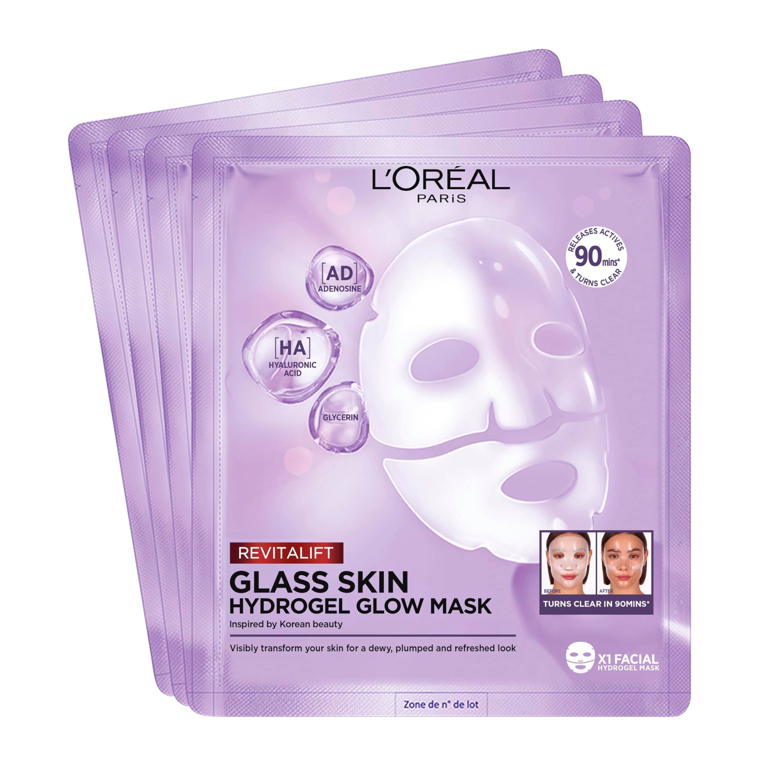 L'Oréal Paris Glass Skin Hydrogel 4er Maskenbox, für aufgepolsterte & glowy Haut, feuchtigkeitsspendend & glättend, [mit Hyaluronsäure], Revitalift Filler, Vorteilsset, 100g