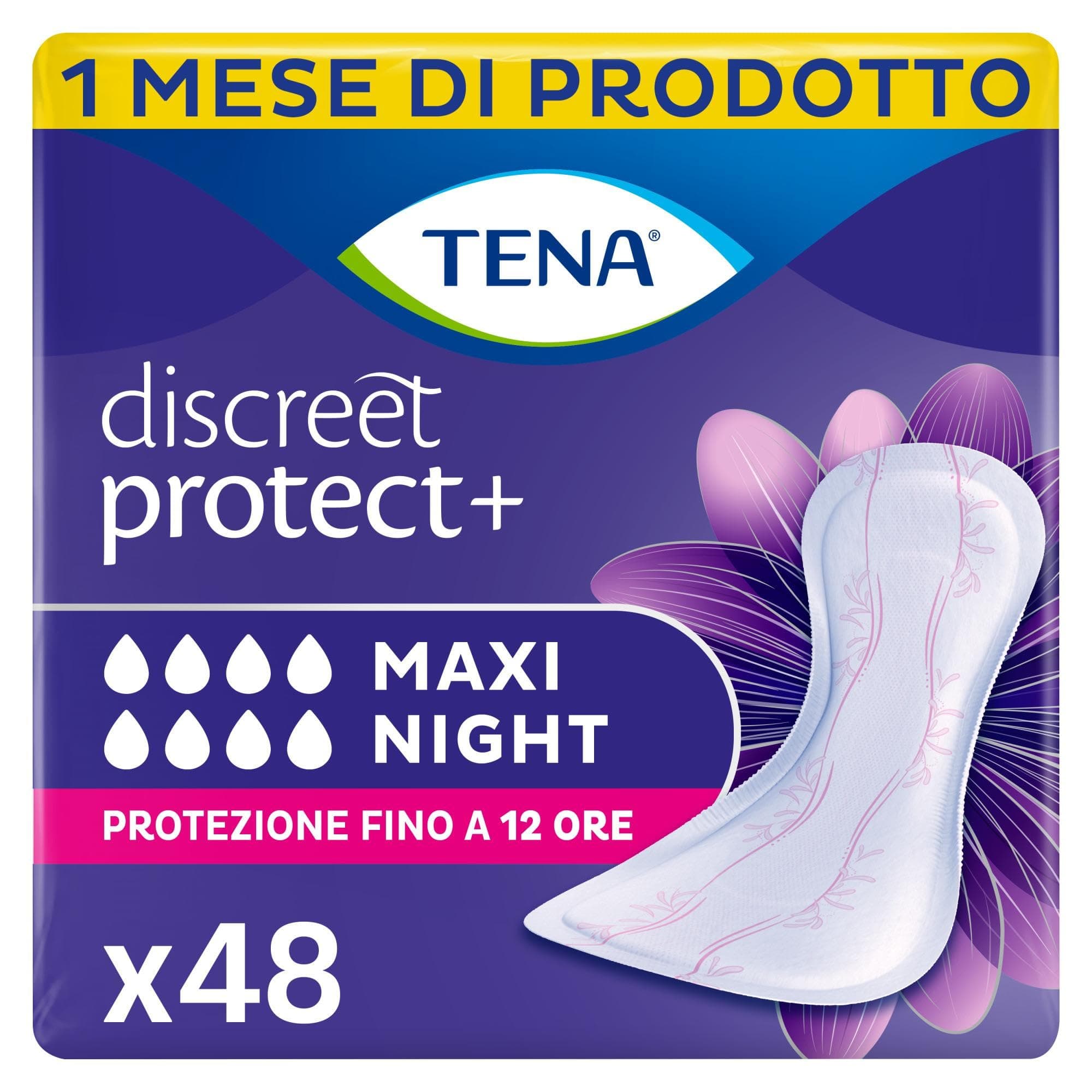 TENA Discreet Maxi Night Pacco Scorta Mensile - Assorbenti per perdite urinarie femminili, discreti e confortevoli, 8 confezioni x 6 pezzi