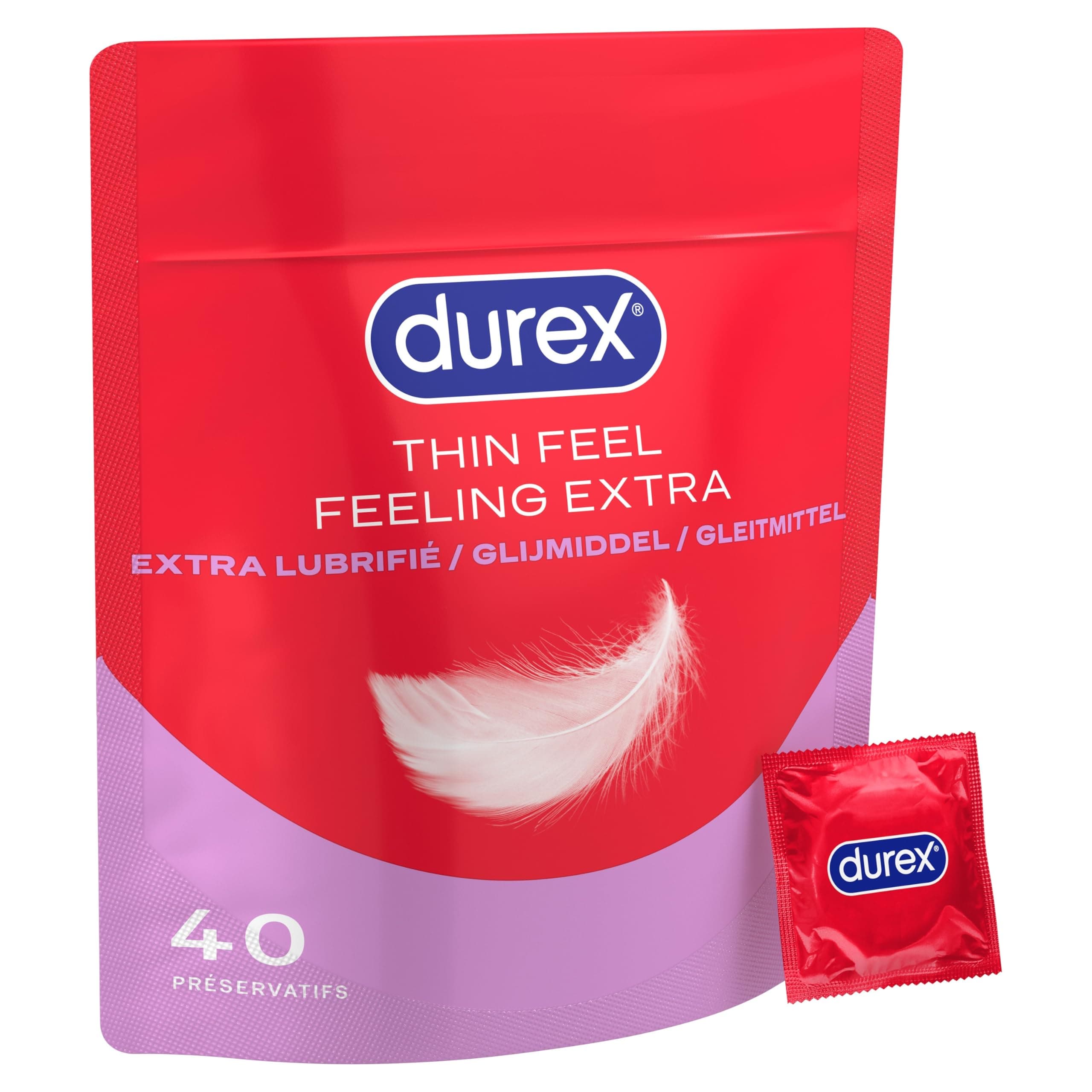 Durex Préservatifs Feeling Extra - 40 Préservatifs Fins et Extra Lubrifiés - Taille Standard