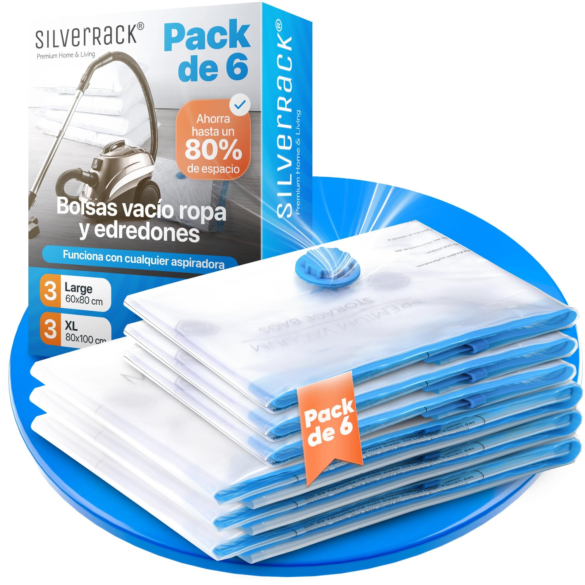 SilverRack Juego de Bolsas al Vacío para Ropa [6 Piezas] en 2 Tamaños (3x 60x80 cm / 3x 80x100 cm) – Bolsas de Compresión para Viajes, Almacenamiento y Mudanza – Bolsas de Vacio para Ropa