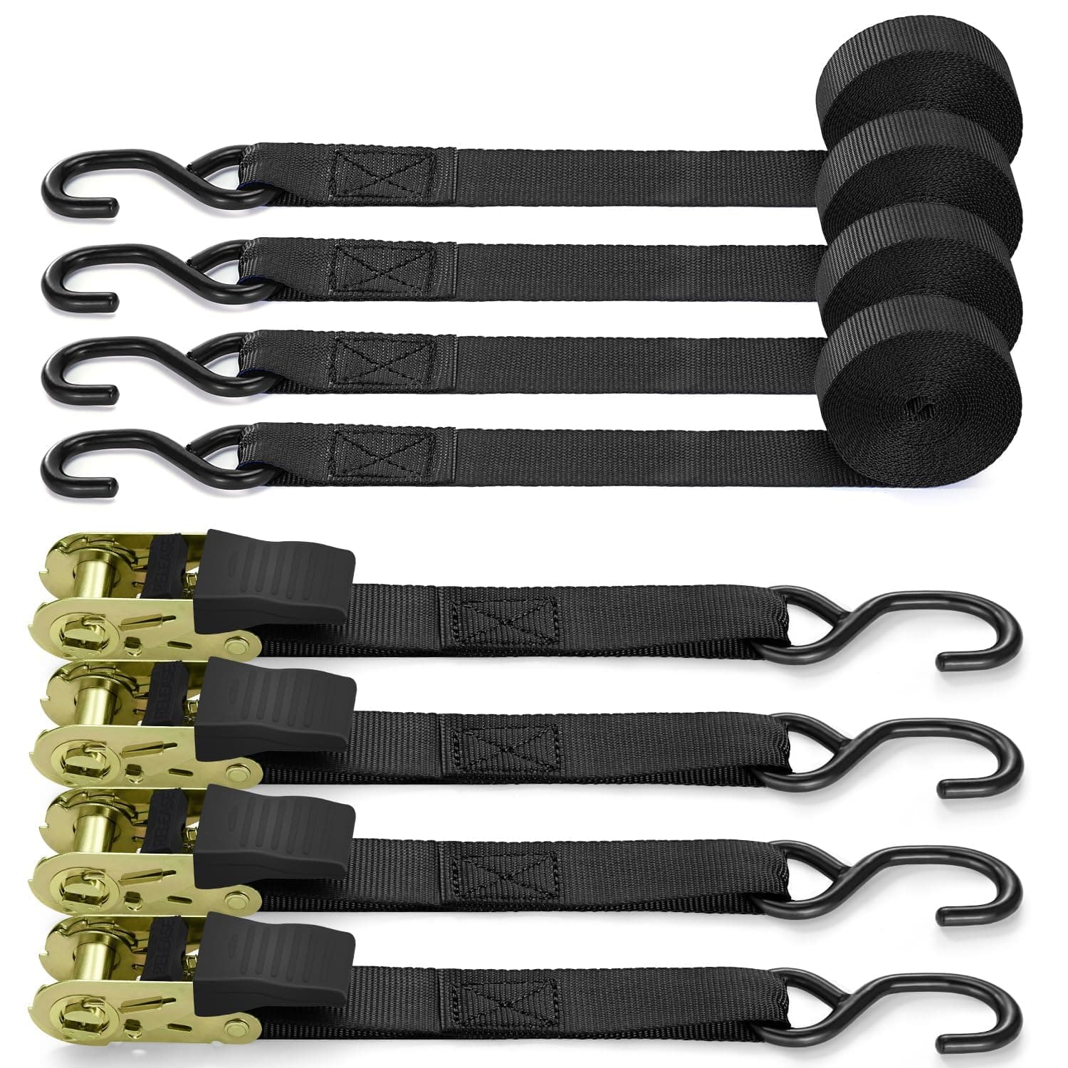 Spanngurte mit Ratsche 2 teilig zweiteilig, Ohuhu 4 Stück 680Kg 4,6m Ratschengurte Zurrgurte schwarz 25mm mit S-Haken aus Beschichtetem Metall, Zurrgurte Spanngurte Ratschengurte Ratschen Schloss