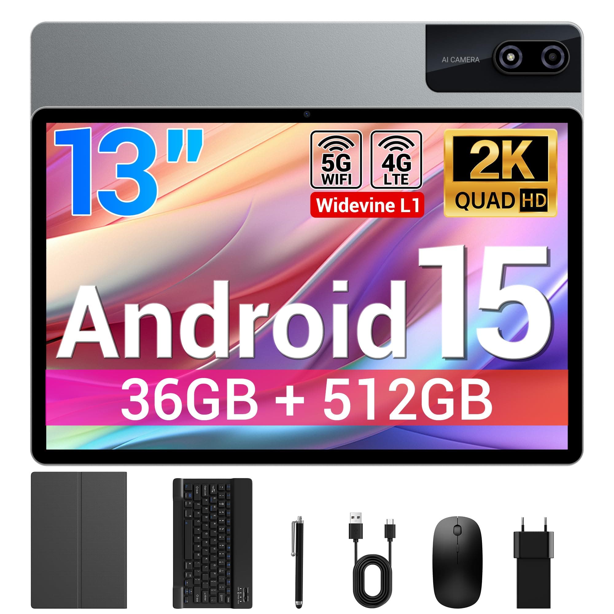 BEYNIVAN Tablet13 Pollici Android 15 tablet con 4G LTE/5G WiFi,36GB RAM+512GB ROM+1TB Espansione,2960x1848 FHD+, Gemini AI,11580mAh,13MP+8MP,BT 5.0/GPS/Split-Screen/Face ID/Tab con Tastiera,Grigio