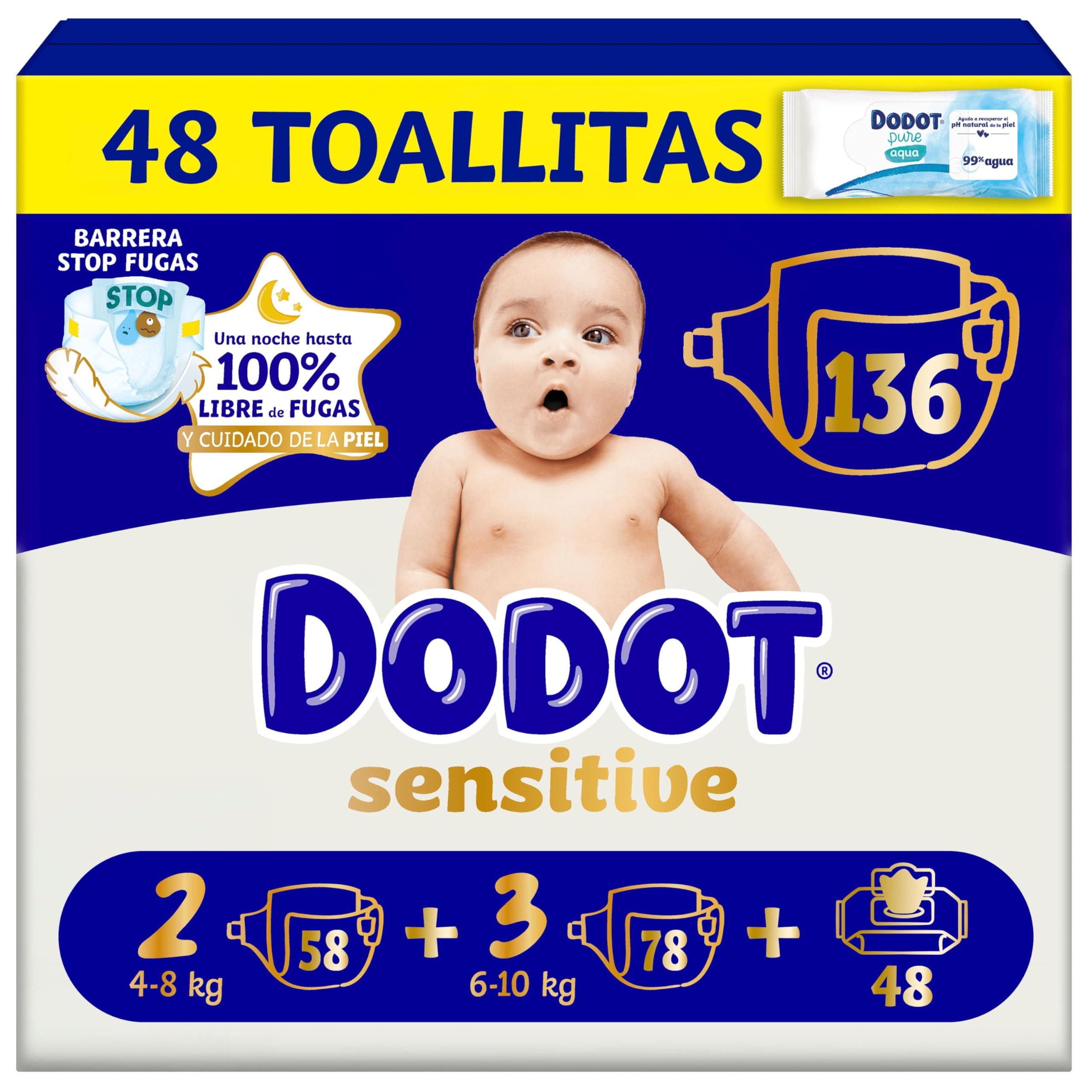 Dodot Sensitive Kit Recién Nacido Pañales + toallitas, 58 Pañales de la Talla 2 + 78 Pañales de la Talla 3 + 48 Toallitas Pure Aqua para Bebe, 99% Agua