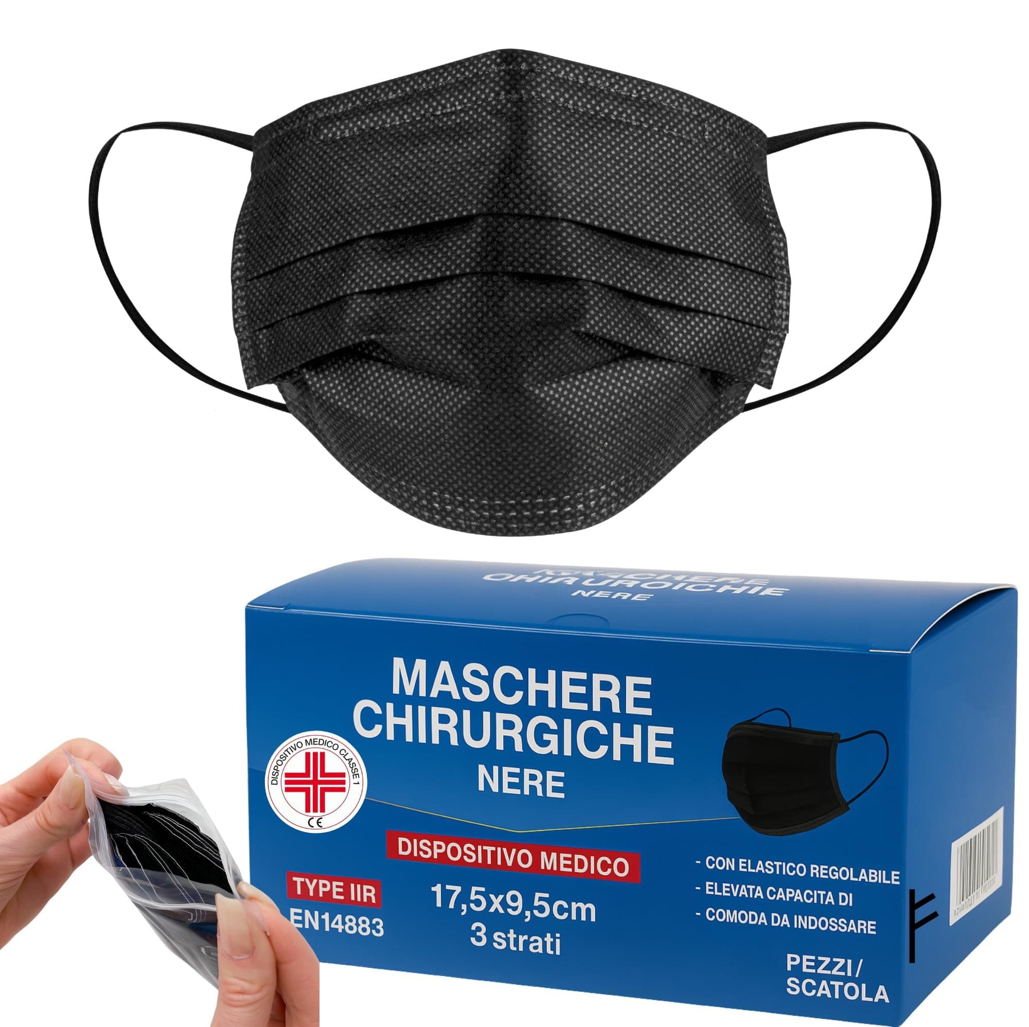 S&SMedical 100 Mascherine Chirurgiche nere Tipo IIR Certificate CE, Mascherina chirurgica nera a 3 strati - Filtrazione 98%, Resistenti agli Spruzzi, super confortevoli | Clip Nasale Adattabile