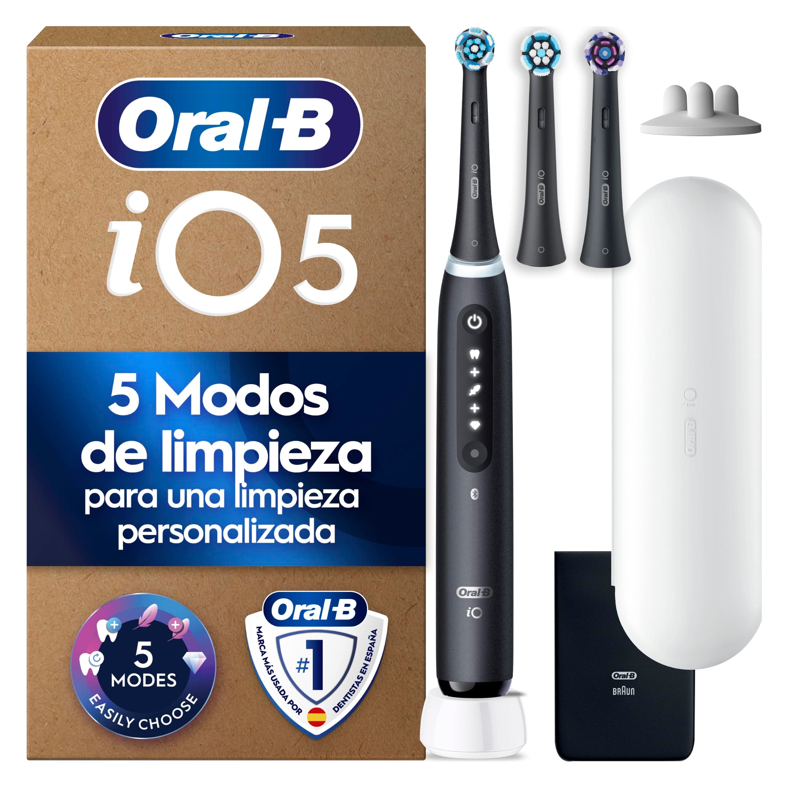 Oral-B iO 5 Cepillo de Dientes Eléctrico con 3 Cabezales, Negro - Cepillo Dental con Sensor de Presión, 5 Modos de Cepillado con Blanqueamiento Dental y Modo Sensible, Estuche de Viaje Blanco