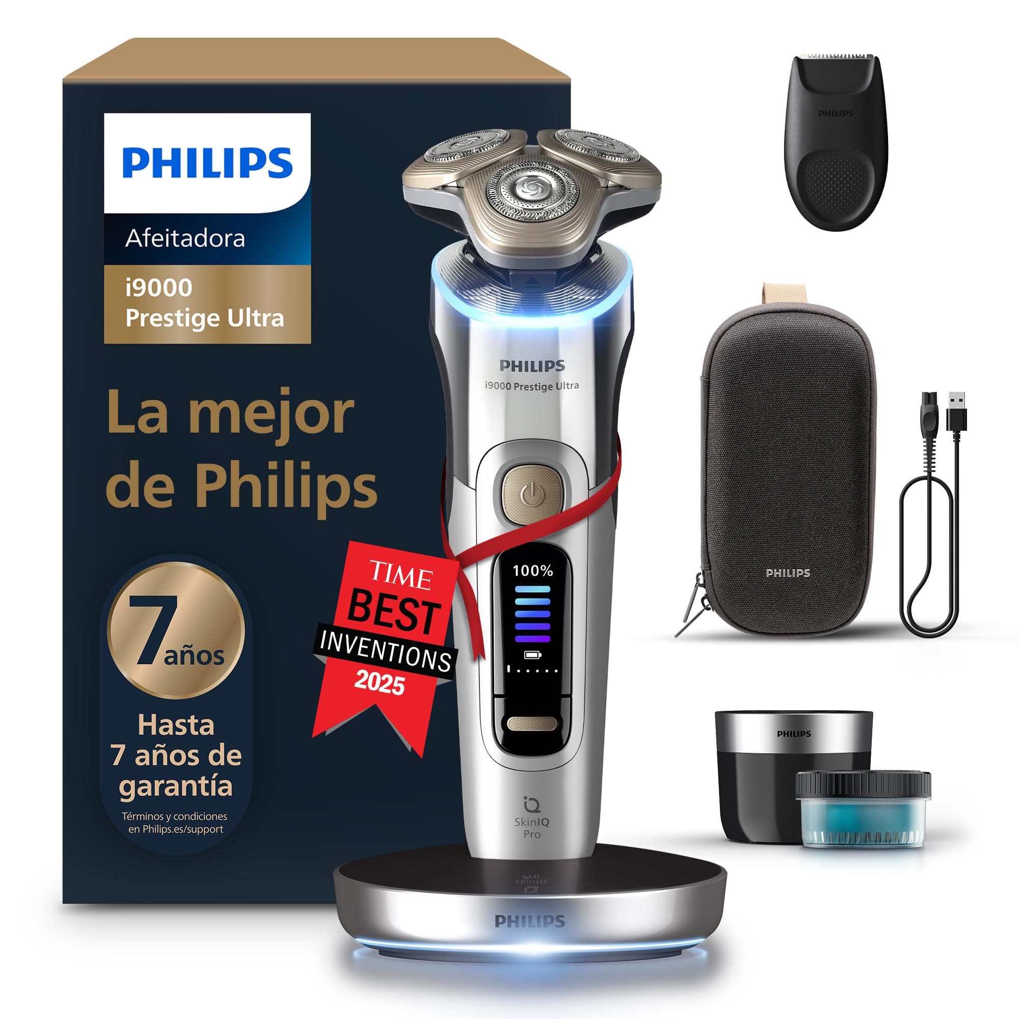 Philips i9000 Prestige Ultra, Afeitadora Eléctrica Hombre, Máquina de Afeitar Barba en Seco y Húmedo, Tecnología SkinIQ Pro, Base de Carga, Recargable, Estuche Premium, Centro de limpieza, XP9404/31