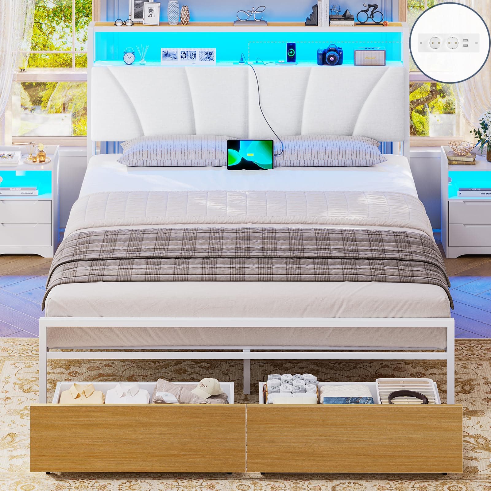 Brinlawb Cadre de lit 140x200 avec Sommier Métal Lit 2 Personnes avec Lumières LED et Multiprise (2 Prises AC, 2 Ports USB) lit Double en Métal avec 2 Tiroirs, Facile à Assembler, Moderne, Blanc