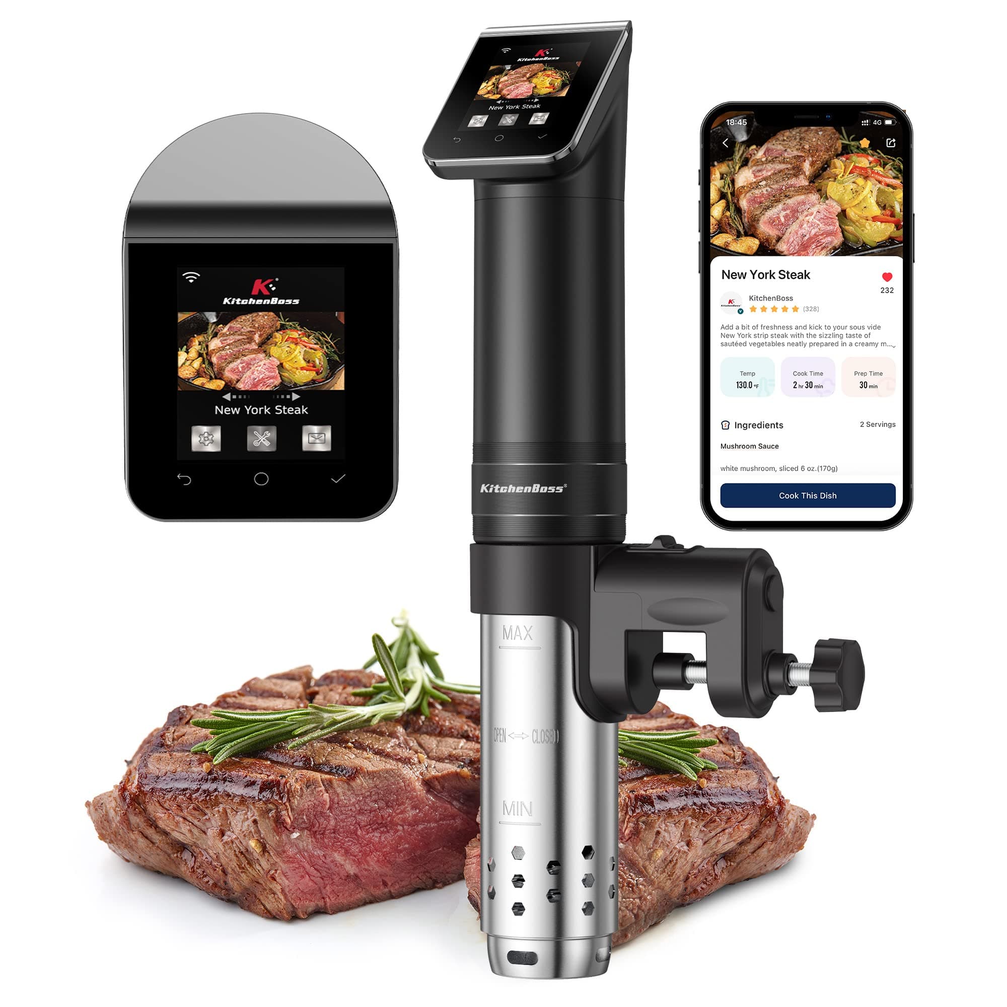 KitchenBoss Wifi Sous Vide Roner: G330 WLAN Professionali Roner Cucina, 40-90℃ Cottura Bassa Temperatura, TFT,Silenzioso,1100W,IPX7 Impermeabile,APP