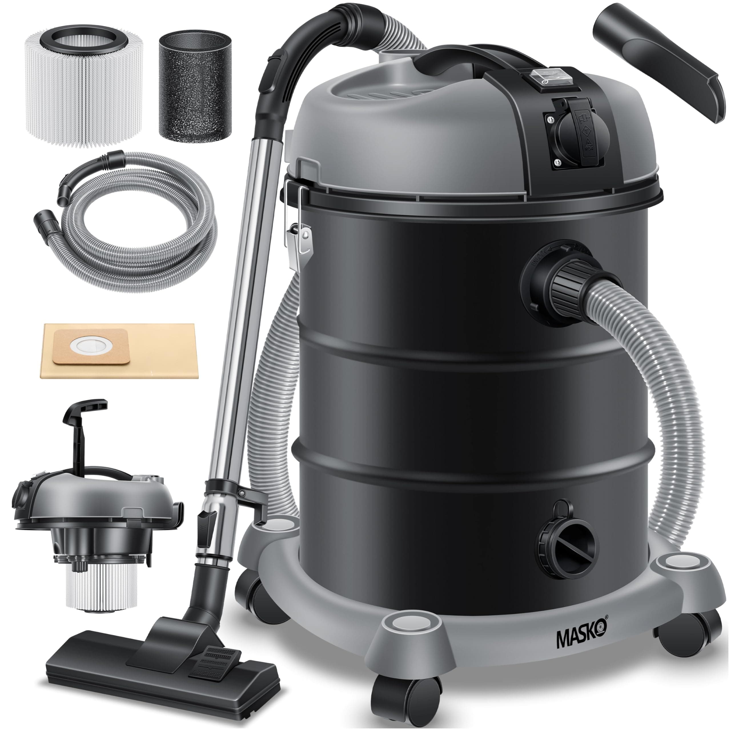 Masko® Aspirapolvere industriale, in acciaio inox, 2300 W + presa di corrente, aspirazione a secco e a umido, funzione di soffiaggio, Push&Clean, con e senza sacchetto, Antracite