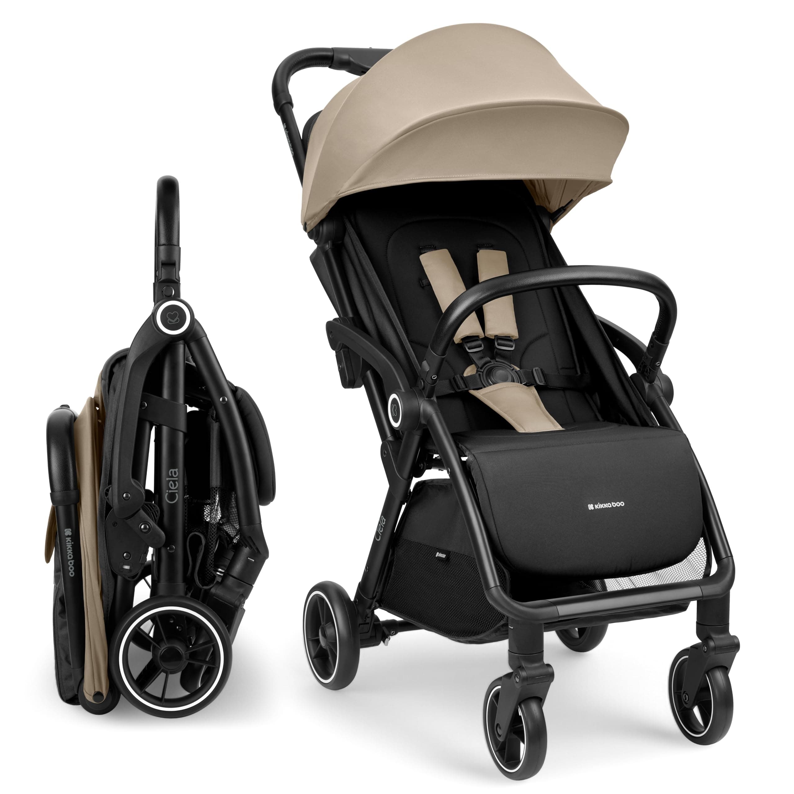 KikkaBoo Silla de Paseo Ligera CIELA, Carrito Bebé Compacto hasta 22 kg, Plegado Automático, Reclinable, Superligero, Tamaño Cabina Avión, Beige