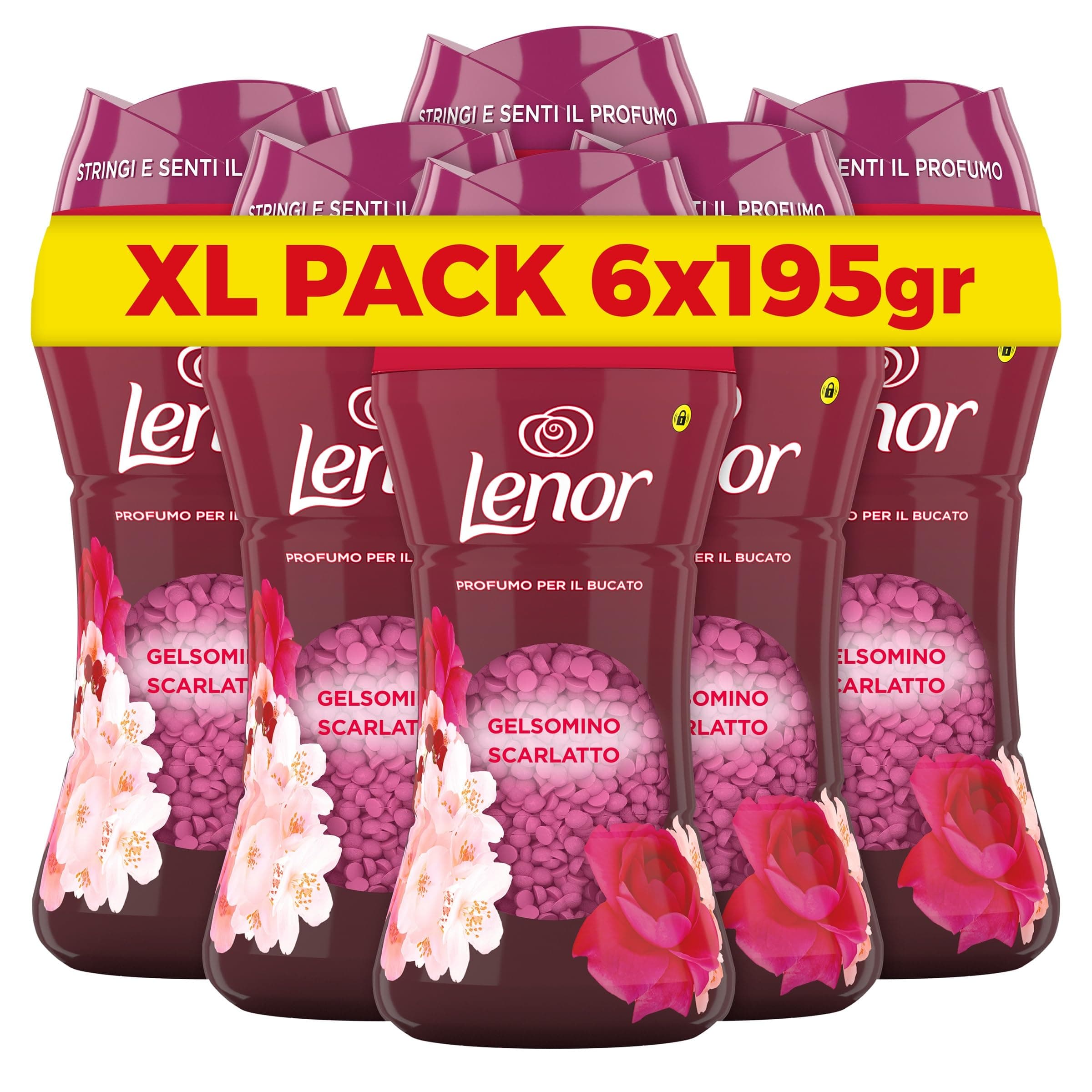 Lenor Profumatore Bucato Perle Profumate Lavatrice, Gelsomino Scarlatto, Maxi Formato 6 x 195g, Intensificatore Di Profumo