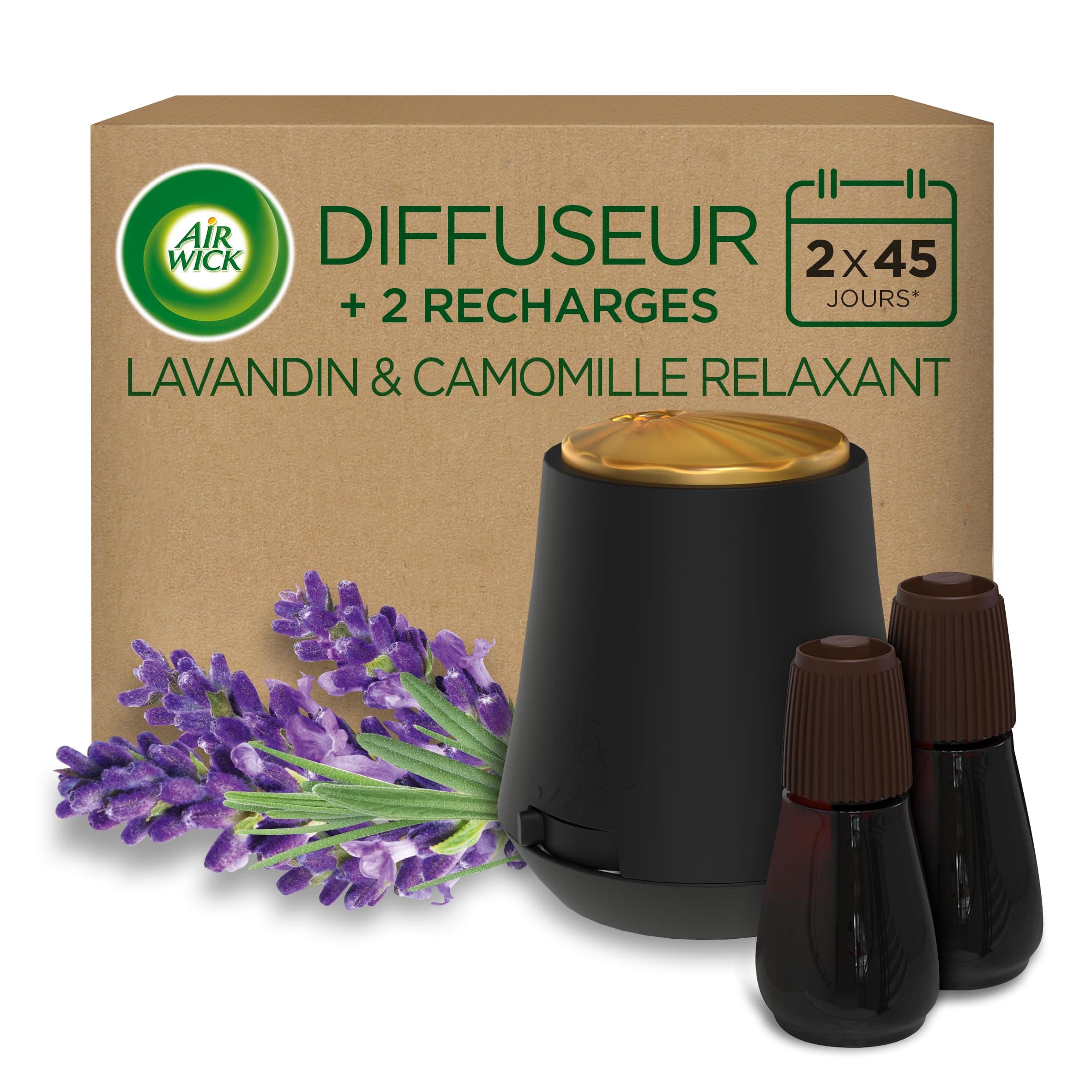 Air Wick Diffuseur d’huiles Essentielles Essential Mist + 2 Recharges Parfum Lavande et Camomille
