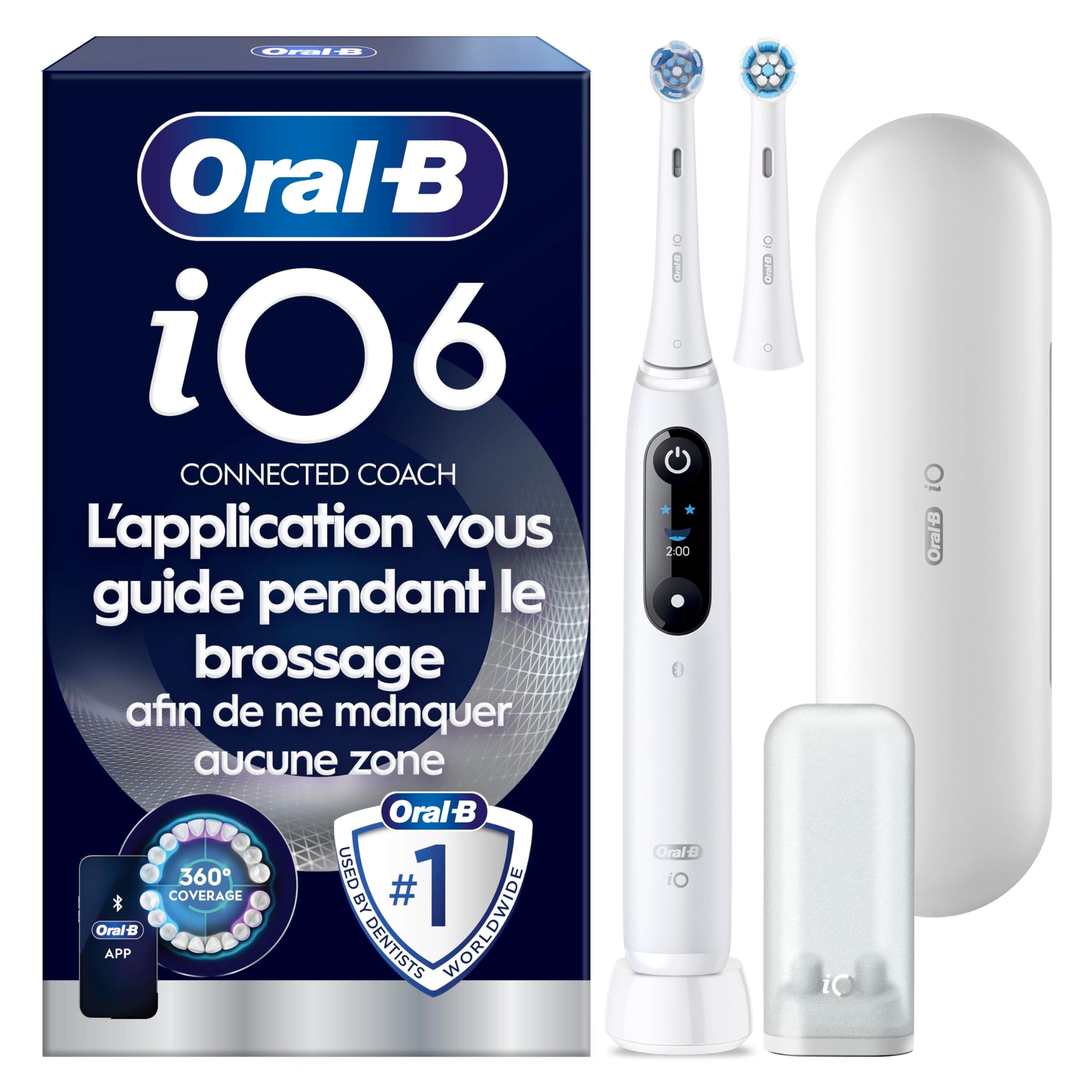 Oral-B Brosse A Dents Electrique iO 6 Blanche, 5 Modes De Brossage Dont Blancheur Et Soin Des Gencives, Capteur De Pression, Ecran Interactif, 2 Brossettes De Rechange Oral B, Etui De Voyage
