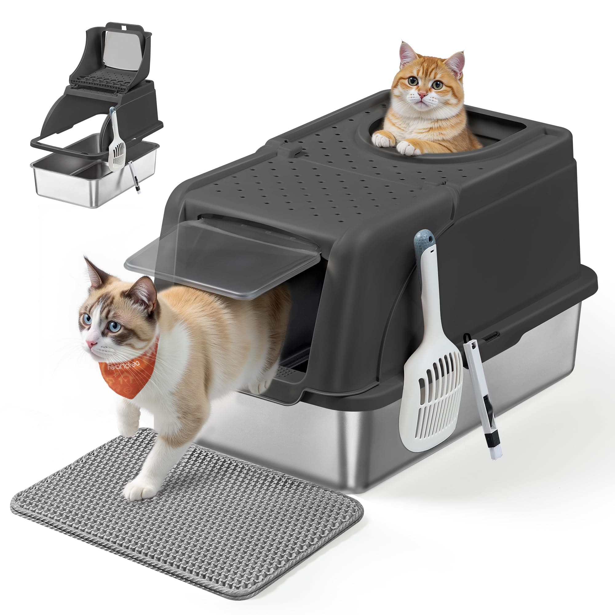 Feandrea Bac à Litière pour Chat, en Acier Inoxydable, avec Couvercle Basculant, Grande Taille, Design Étanche, Pelle, Brosse, Double Entrée, pour Chats Jusqu'à 15 kg, Noir d'encre PPT005BH01