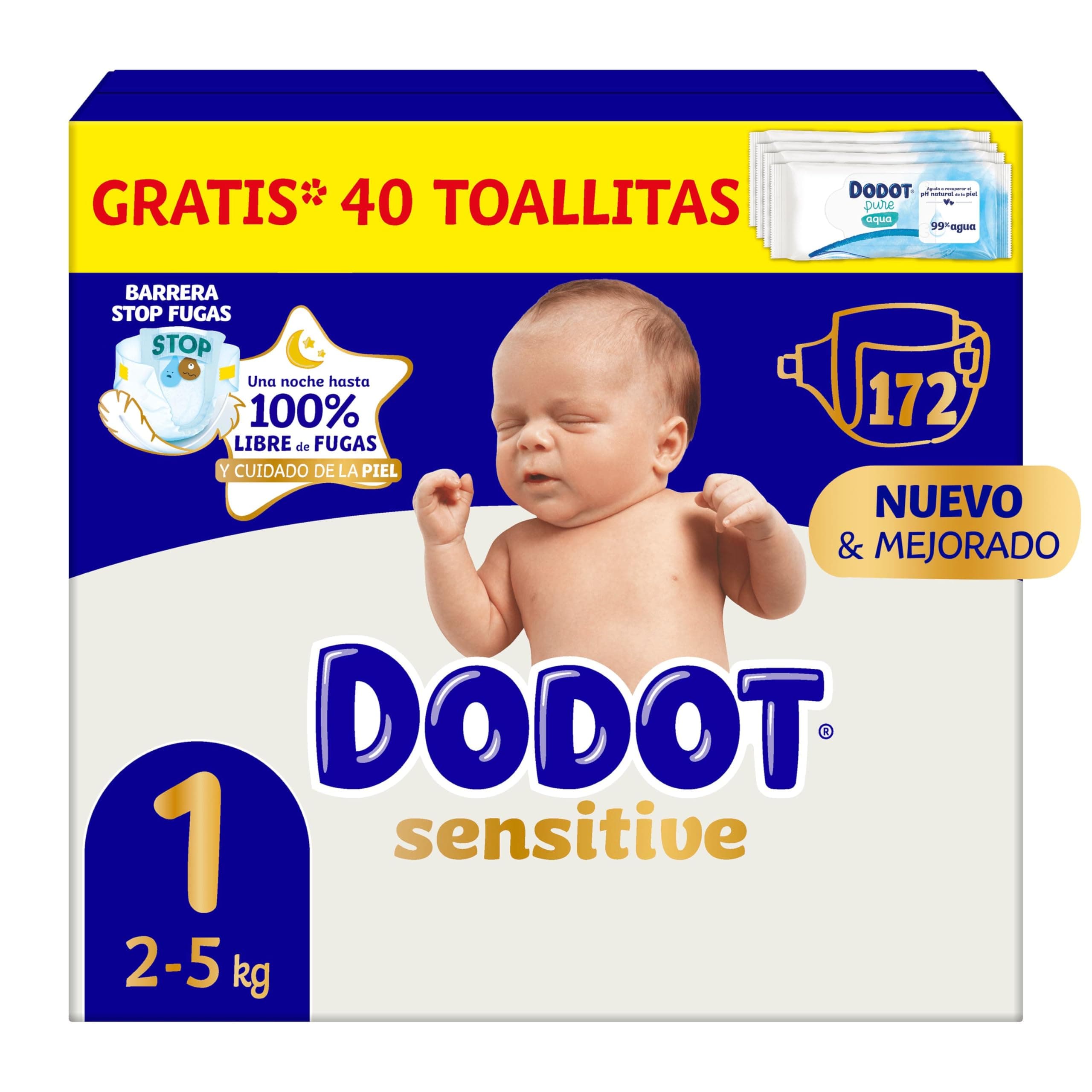 Dodot Pañales Bebé Sensitive Talla 1 (2-5 kg), 172 Pañales + 1 Pack de 40 Toallitas Gratis de Aqua Plastic Free, Nº1 en Protección de la Piel de Dodot, Pack Mensual