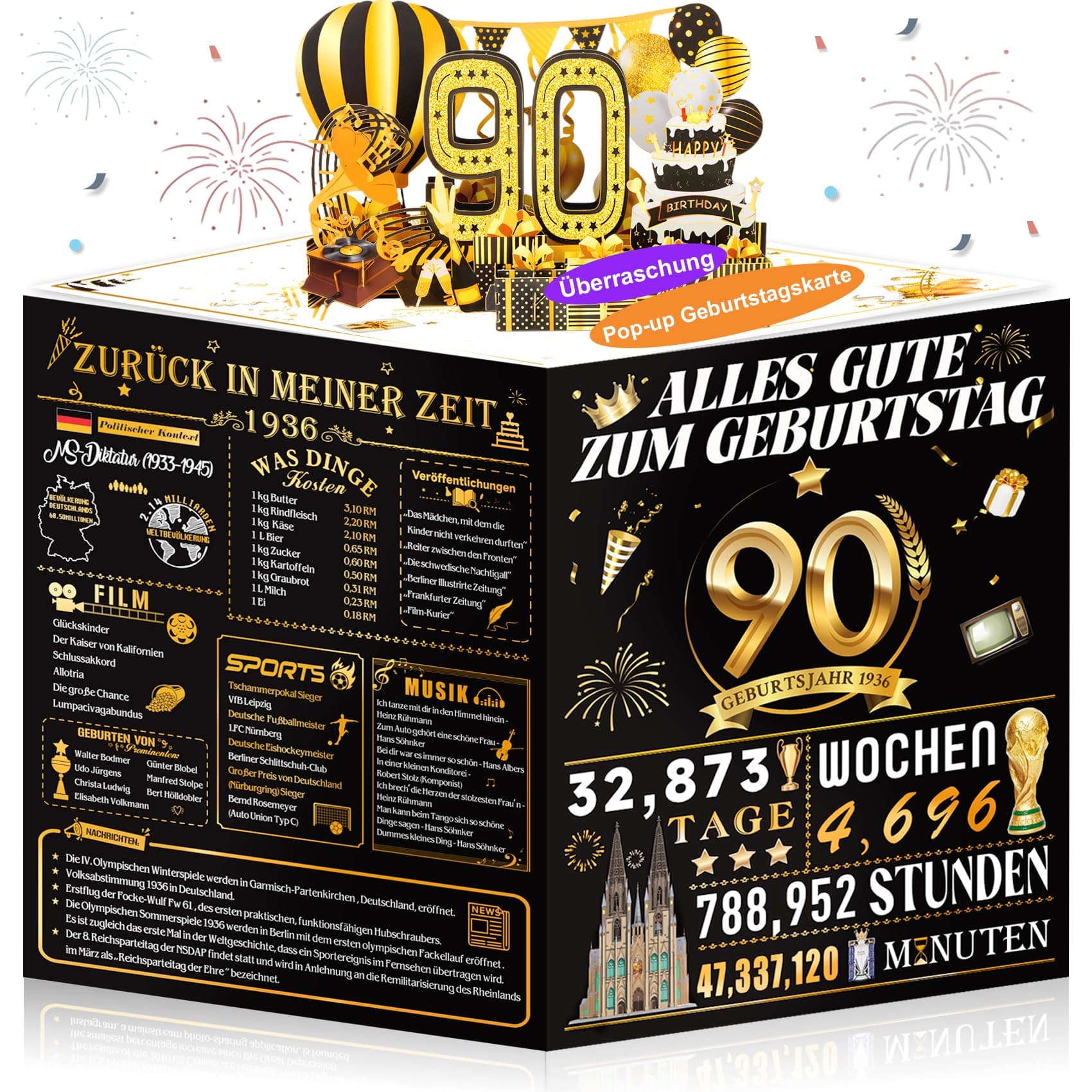 OLOSONG Geburtstagskarte 90, 3D Pop Up Karte Geschenke Zum 90. Geburtstag für Mann Frau, Lustige Golden Deko 90 Geburtstag Für Mama Oma Papa Mutter Ehemann Ehefrau Freunde, Back in 1936 Mit Umschlag