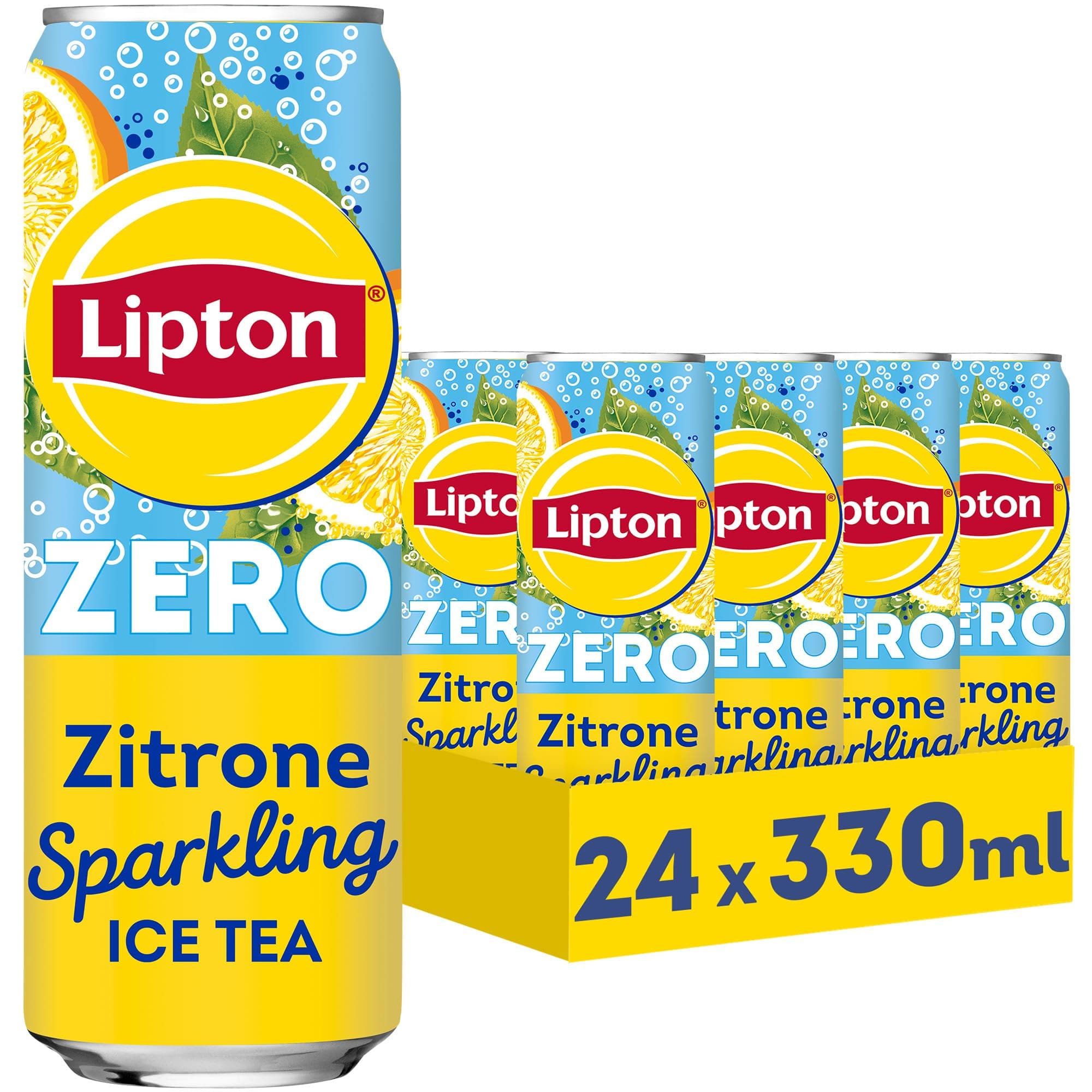 LIPTON ICE TEA Sparkling Lemon Zero, Kohlensäurehaltiger Eistee mit Zitronen Geschmack ohne Zucker, EINWEG Dosen (24 x 0.33 l) (Verpackungsdesign kann abweichen)
