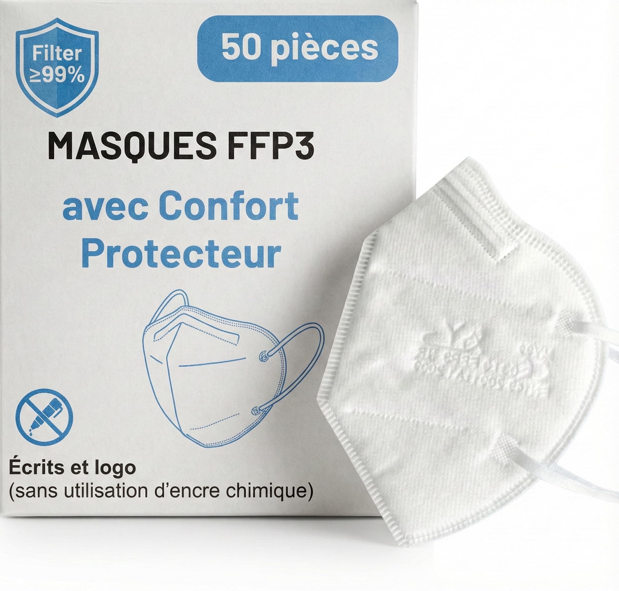 50 Masque FFP3 Certifiés CE, Masque 5 Couches Sans Valve, Masques de Protection Adulte contre les Poussières et les Particules, Masques de Protection Respiratoire Filtrant BFE≥99, 50 Pièces
