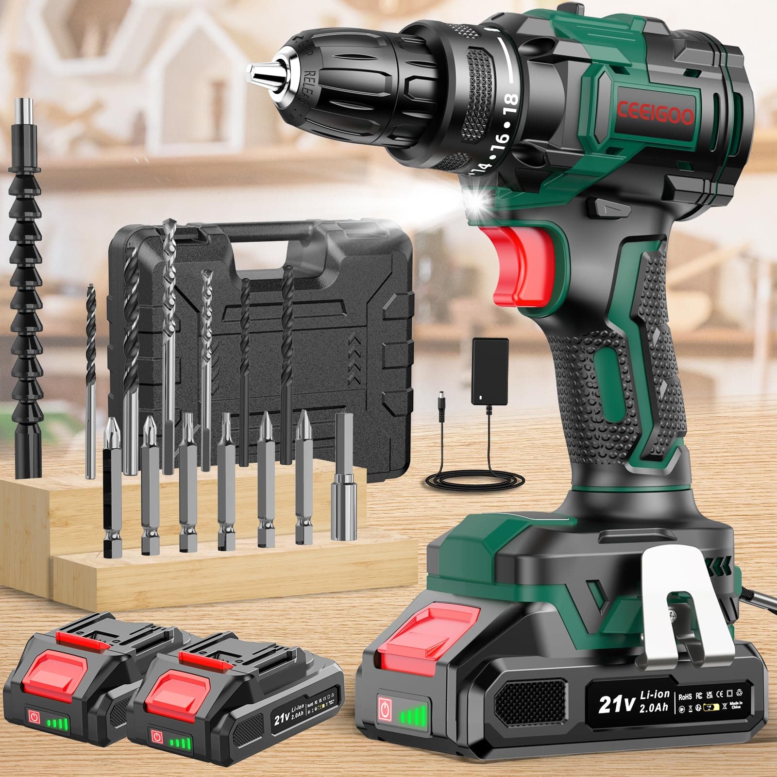 Trapano Avvitatore Batteria Brushless 21V, CEEIGOO Avvitatore a Batteria con 2 Batterie da 2.0Ah, 42N.m di Coppia, 2 Velocità, 18+1 Coppia, 14 Accessori, Luce a LED, Per il fai da te