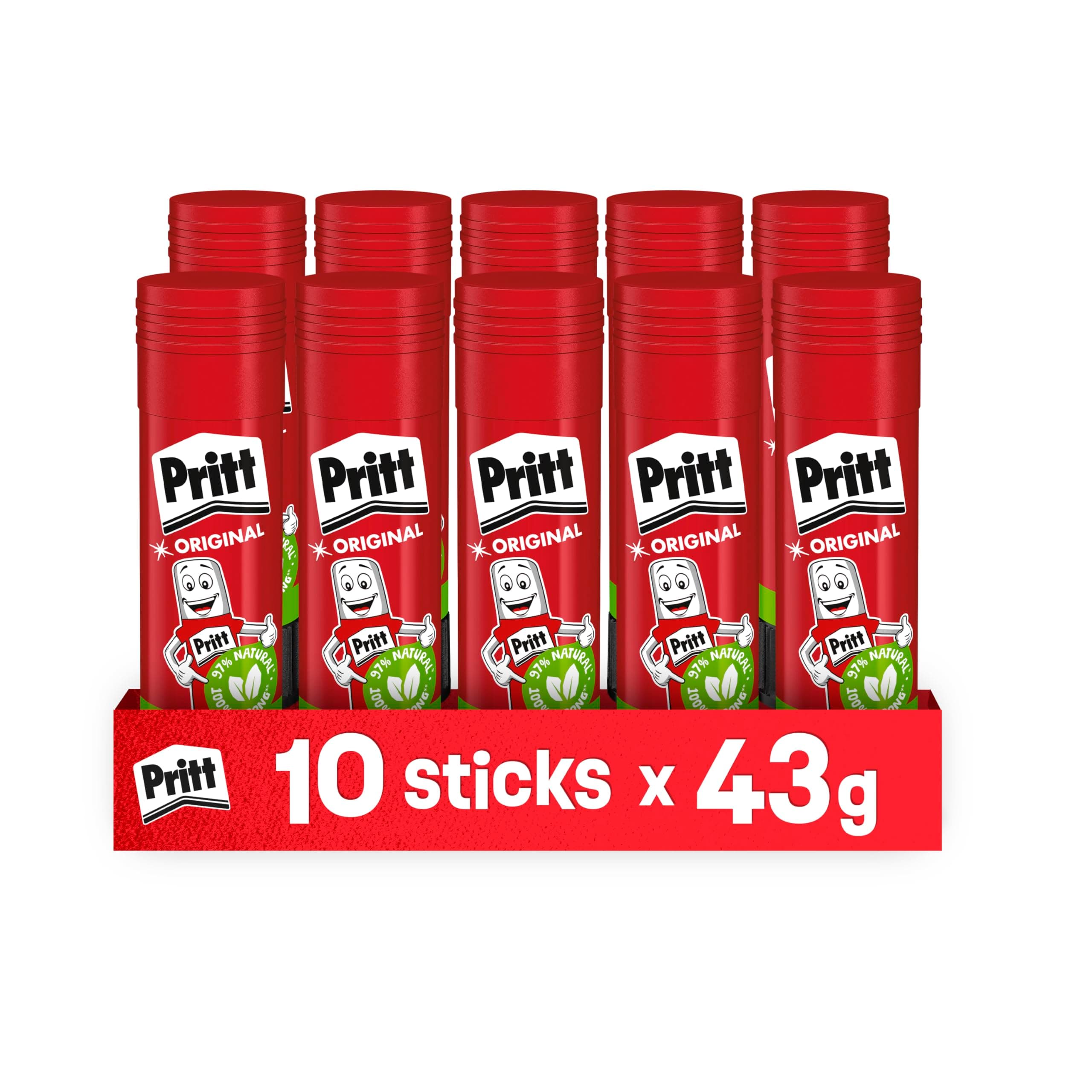 Pritt Colla Stick 10 x 43g, Colla per bambini sicura e affidabile, Adesivo per lavoretti e fai da te, con una tenuta forte per uso scuola e ufficio, 10 stick x 43g