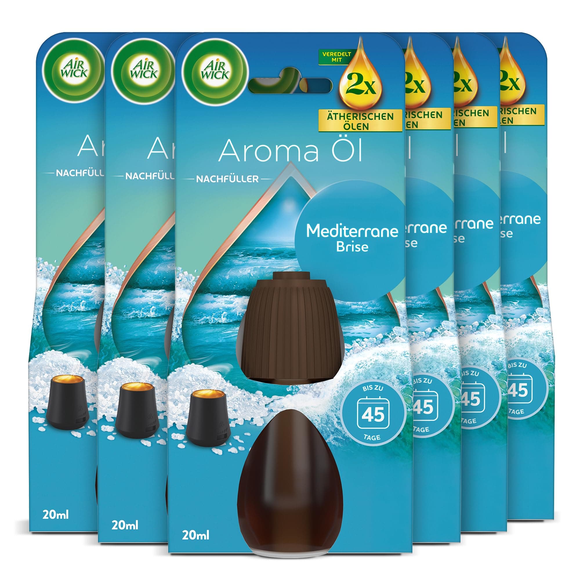 Air Wick Aroma-Öl Flakon Nachfüller – Duft: Mediterrane Brise – Zitrischer Wohnungsduft mit ätherischen Ölen – 6 x 20ml Duftöl Set