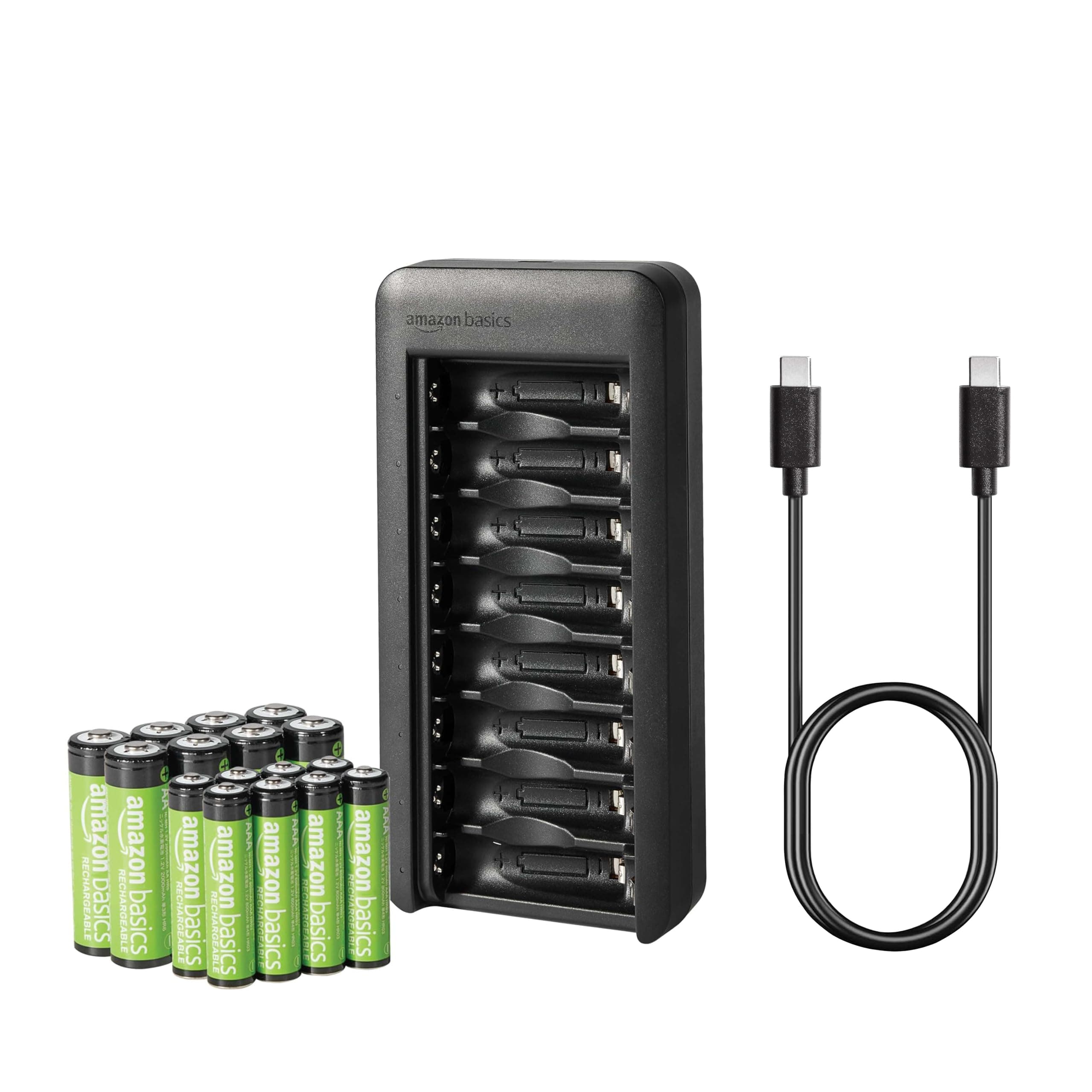 Amazon Basics Paquete de 8 baterías recargables NiMh AAA 800 mAh + paquete de 8 baterías recargables NiMh AA 2000 mAh con cargador de batería de 8 bahías sin adaptador CA puerto USB C 16 unidad Negro