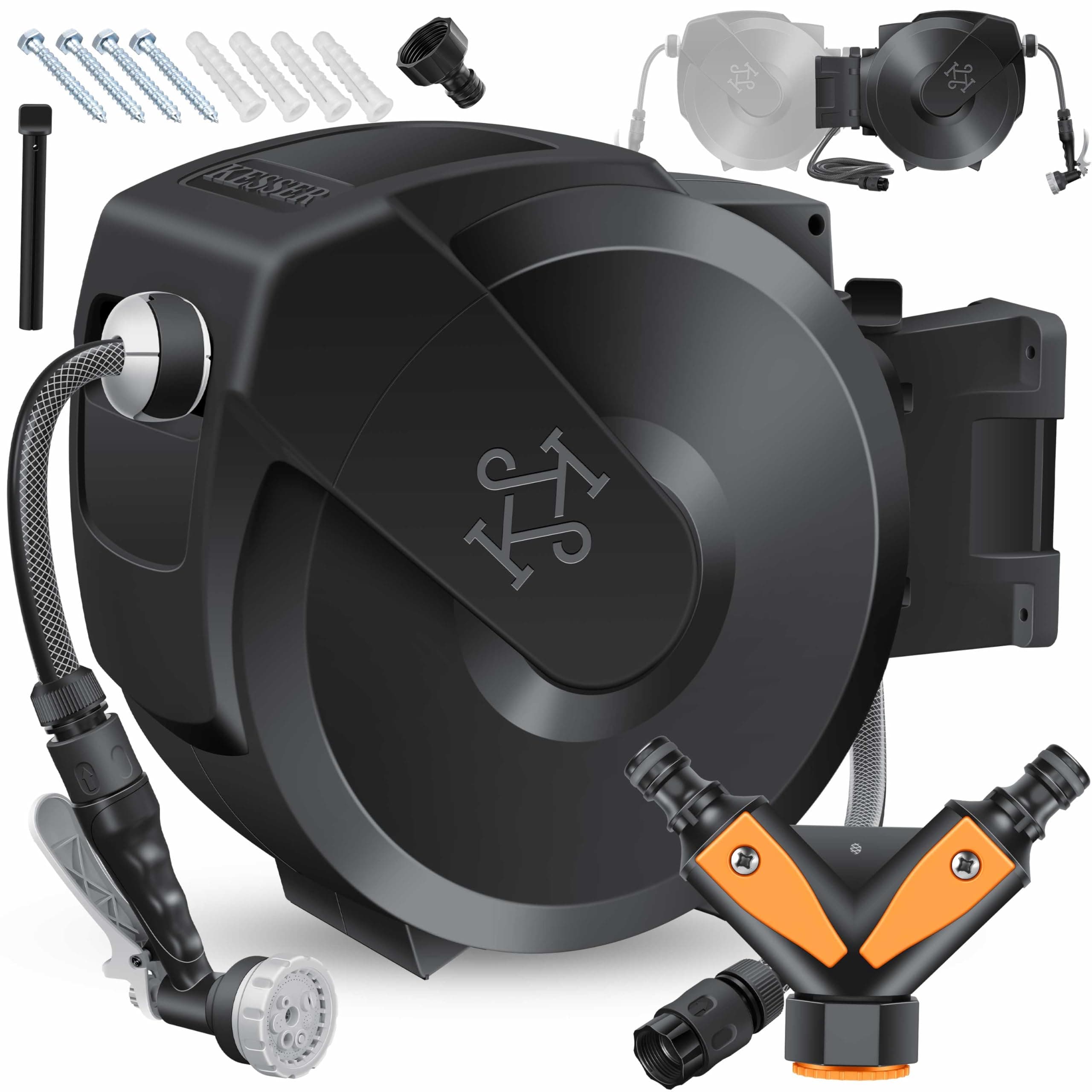 KESSER® Enrouleur de tuyau d'arrosage, 25 m, pour montage mural, pivotant à 180 ° et enroulement automatique, distributeur de tuyau mural, avec douchette à main 7 fonctions