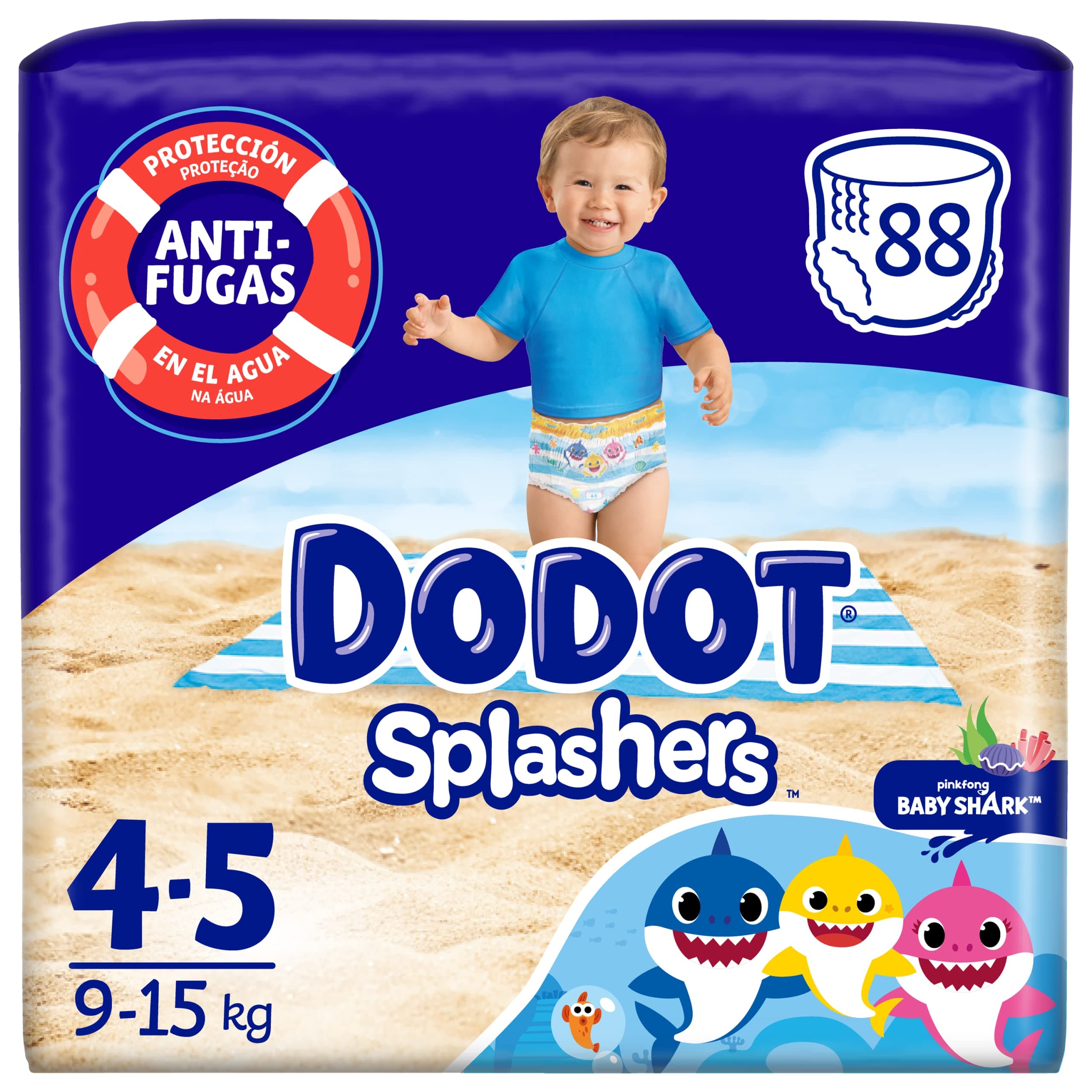 Dodot Pañales Bebé Splashers Baby Shark, Talla 4 (9-15 kg), 88 pañales,Bañadores desechables, Protección Anti-fugas En El Agua
