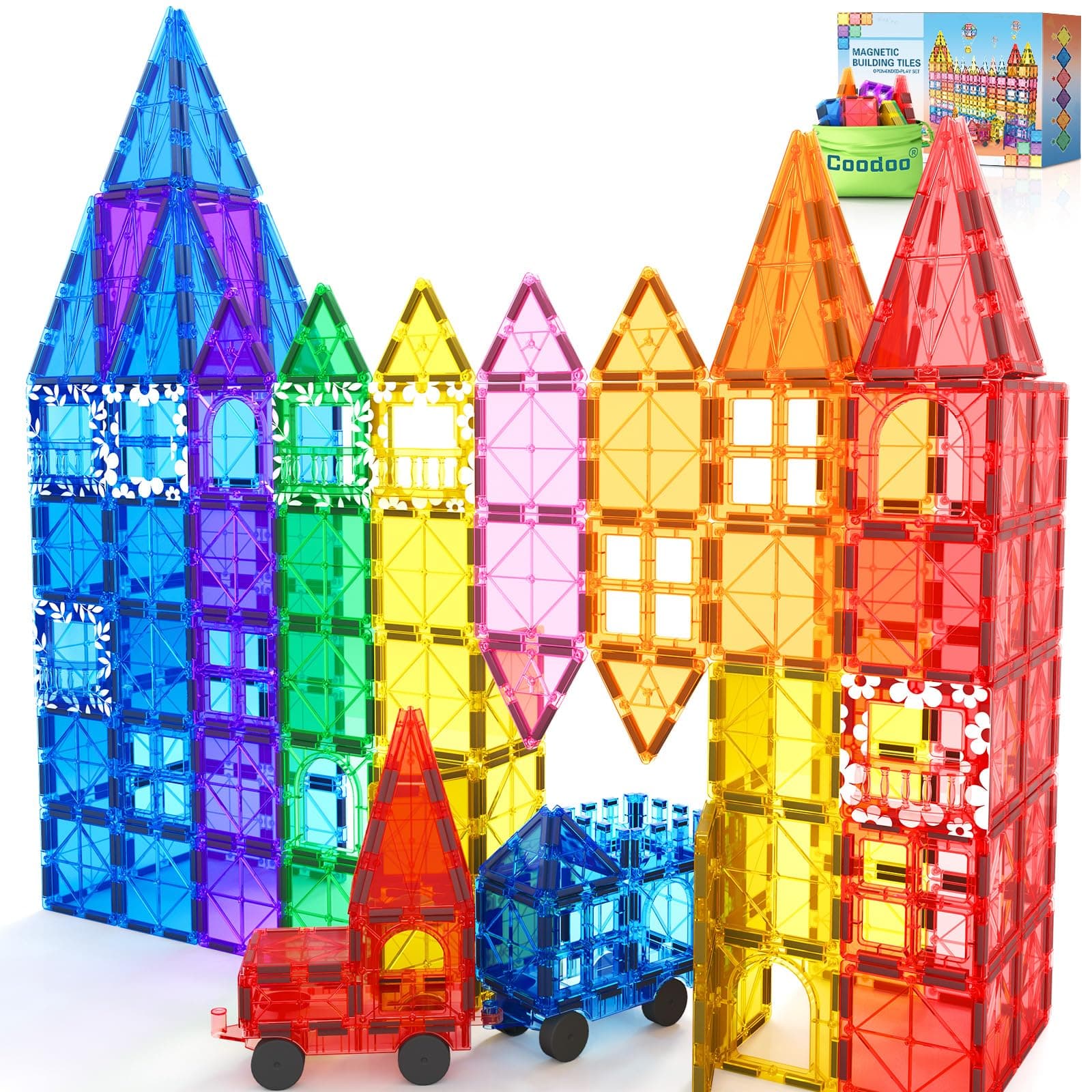 Coodoo 100PCS Bloques Magnéticos Juguetes Niños 3 Años - Set de Construcción Bloques Magneticos Construccion Niños con 2 Coches. Regalo Educativo Juguetes Niños 3 Años. ¡Diversión y Aprendizaje