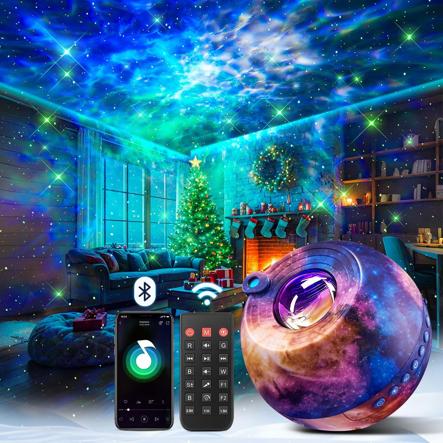 OneFire Proiettore cielo stellato 15 colori 15 musica addormentata Galaxy Proiettore Comodino Bluetooth Luce notturna con telecomando, per ragazze / donne/ragazzi regali Halloween / Natale / camera