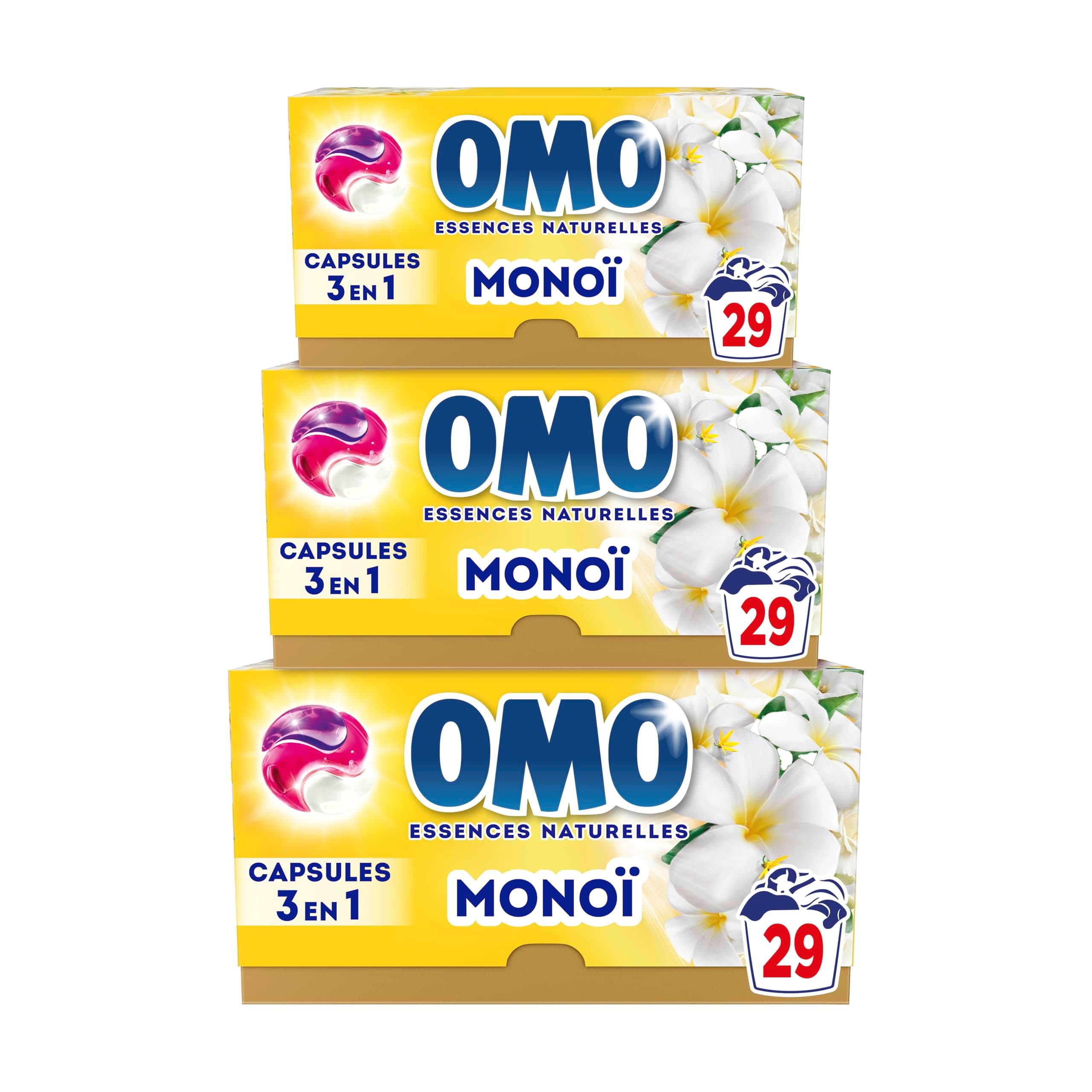 OMO - Lessive liquide en capsules 3 en 1 Oui pour Tahiti - 87 lavages - Monoi - propreté éclatante & parfum longue durée aux essences naturelles (lot de 3x29)