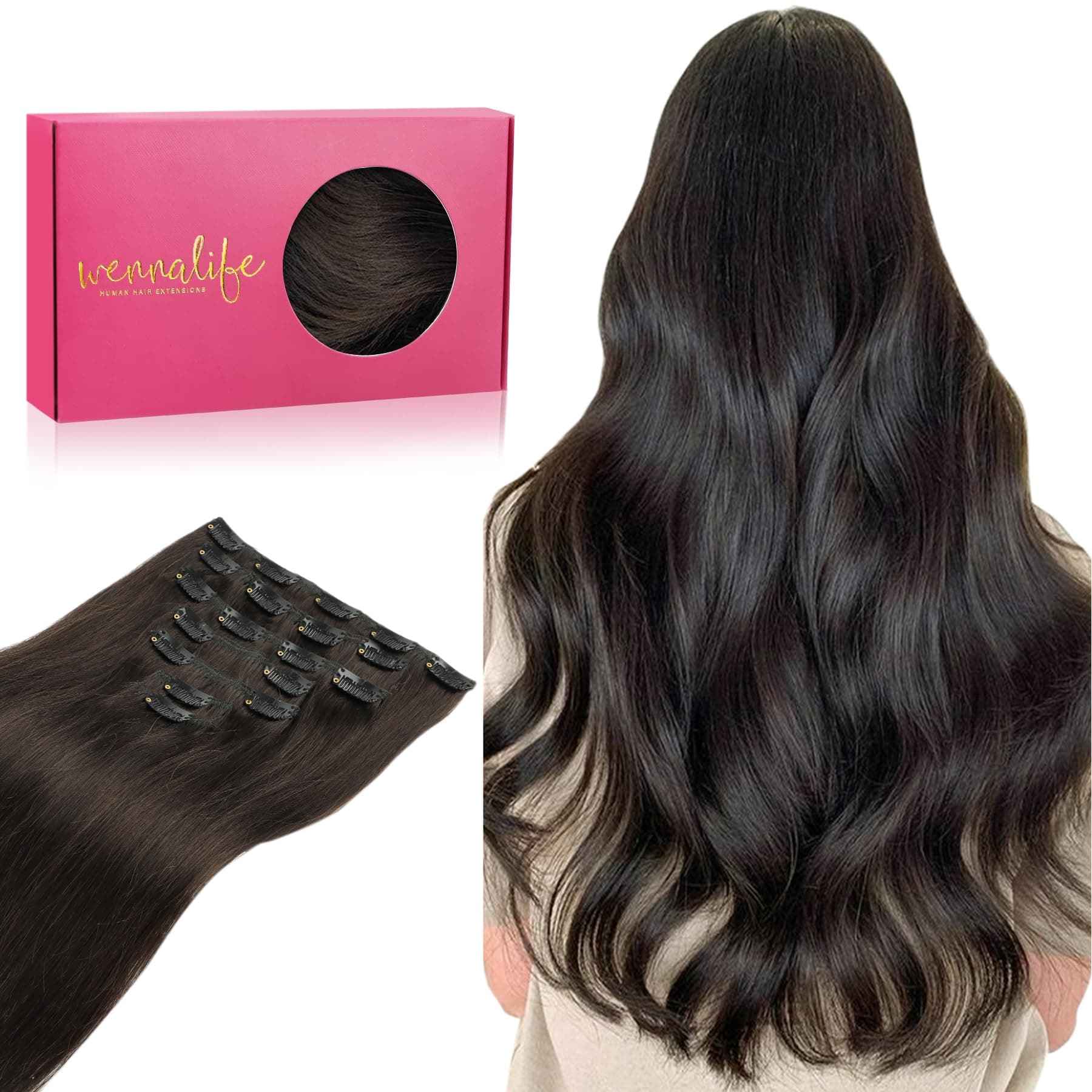 WENNALIFE Extension Capelli Veri Clip, 60cm 120g 7pcs Extension Clip Capelli Veri Marrone Scuro Remy Umani Naturali Capelli Extension con Clip