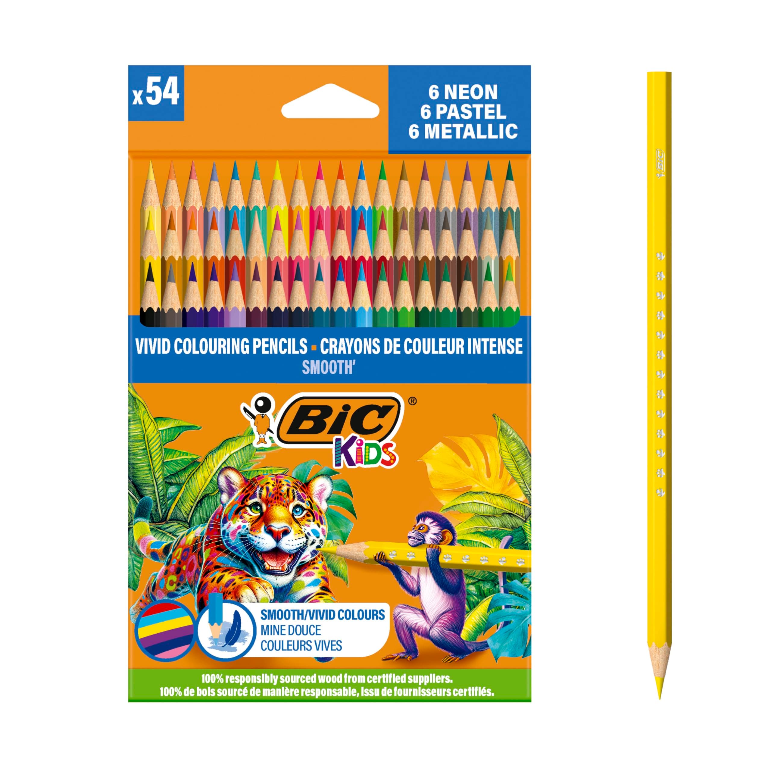 BIC Kids Smooth Buntstifte aus zu 100% verantwortungsvoll angebautem Holz – verschiedene Standard-, Metallic-, Pastell- und Neonfarben, Box à 54