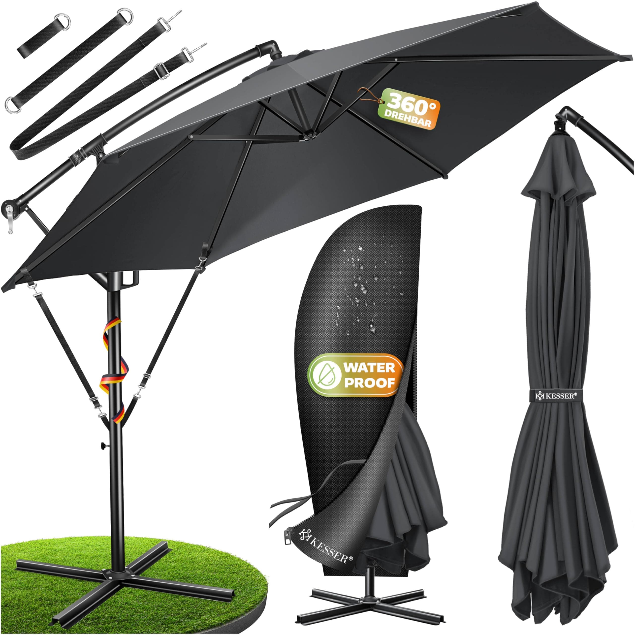 KESSER® Parasol Déporté en Aluminium Ø300 cm / Ø350 cm + Housse Avec Mécanisme à Manivelle - Protection UV, Tissu Déperlant - Jardin