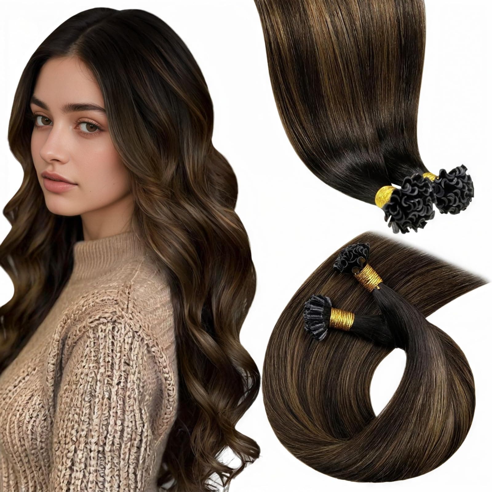 LaaVoo Extension Capelli Veri Cheratina 50g Extension Cheratina Capelli Veri Remy Lisci Castano Scuro Balayage Marrone Chiaro 35 cm 50 ciocche #2/8/2