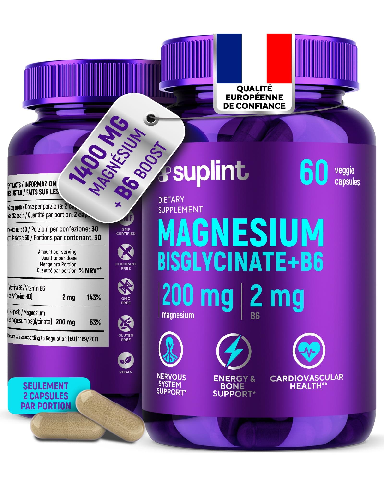 Magnésium Bisglycinate 200 mg – Avec Vitamine B6 pour une Meilleure Absorption – Haute Dose & Testé en Laboratoire – Complexe de Magnésium – Gélules Véganes Sans Additifs – 60 Gélules