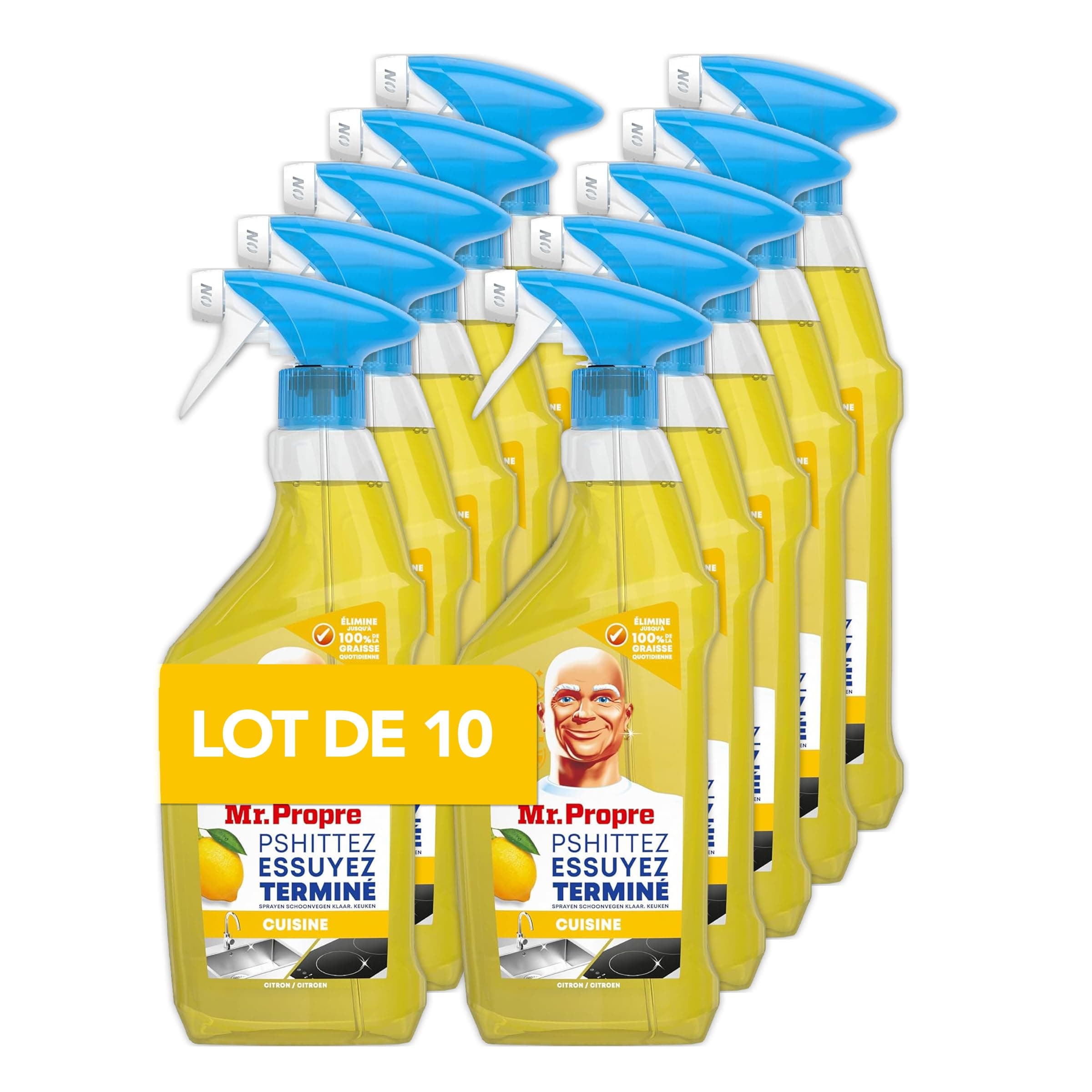 Mr. Propre Spray Dégraissant et Nettoyant Cuisine Multi-Usages, Grand Format (500ml x10), Parfum Citron, Élimine la Graisse Sans Résidus Dangereux, Sans Traces, Convient aux Surfaces Alimentaires
