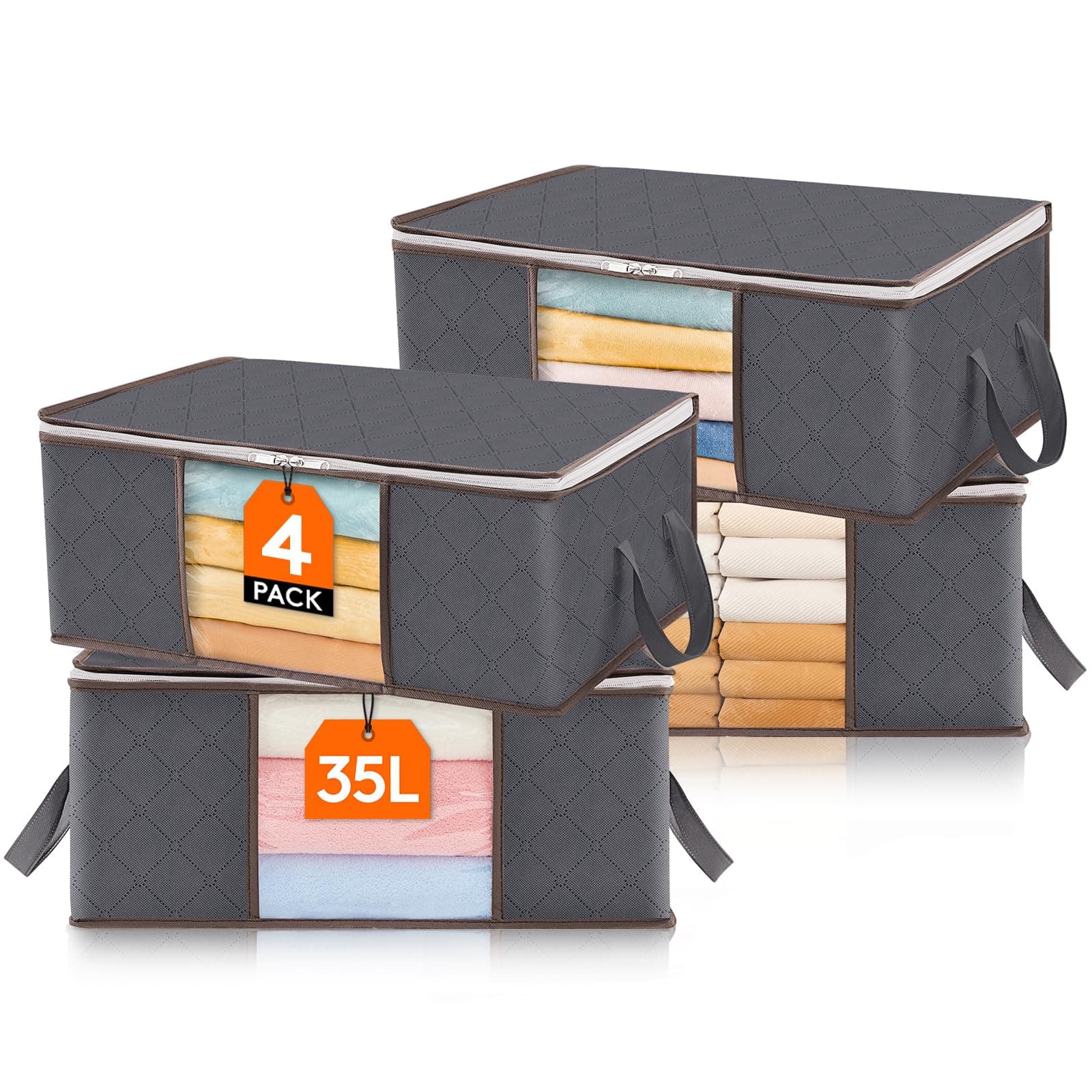 Lifewit 4 Stück 35L Aufbewahrungstasche, Unterbett Aufbewahrungsbox Kleideraufbewahrung, Faltbare Umzugskartons mit Klarem Fenster für Bettdecken Kleidung Decke T-Shirts Kleiderschrank, Grau