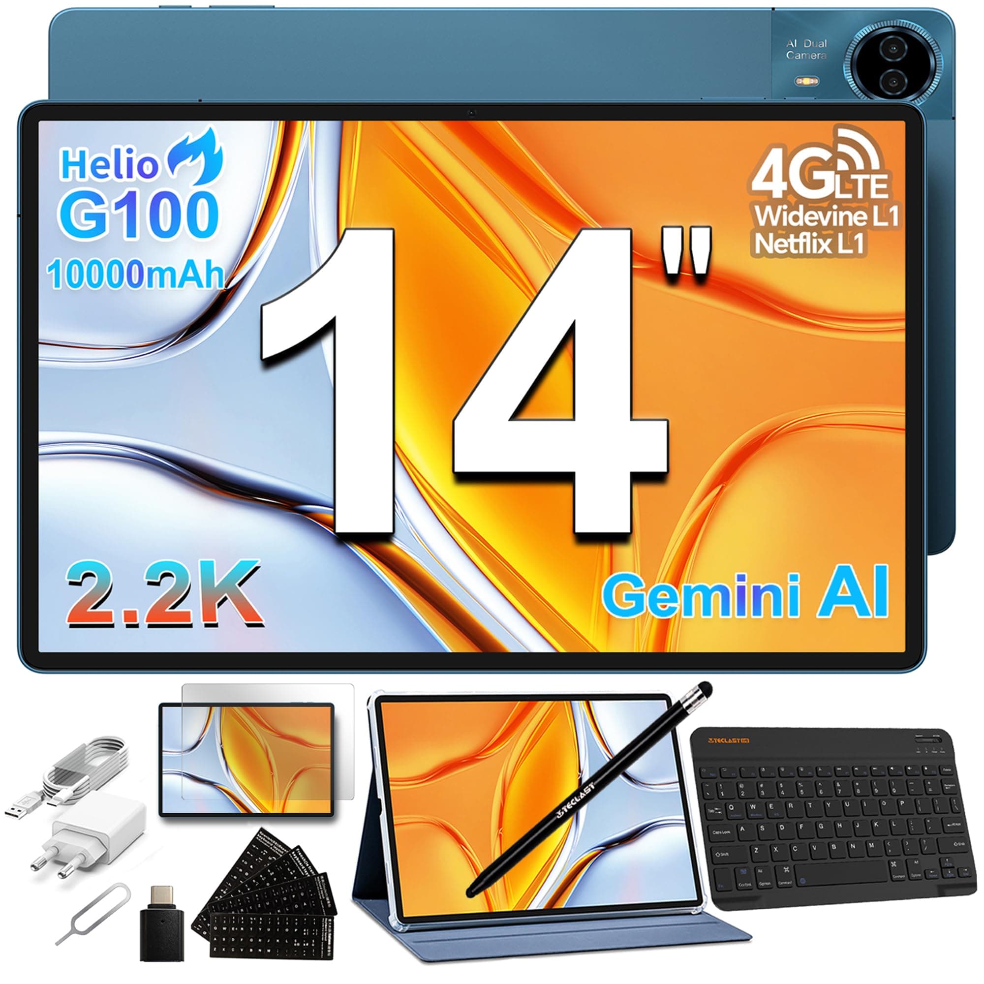 TECLAST T70 Tablet 14" 2.2K G100 2.2GHz Octa-Core, 10000mAh/18W, SIM 4G LTE | Gaming Tableta con 8 Accesorios, 20GB+128GB+8TB, Widevine L1, 5G WiFi/GPS/13MP, Gemini AI Tablets con Teclado+Lápiz+Funda+OTG